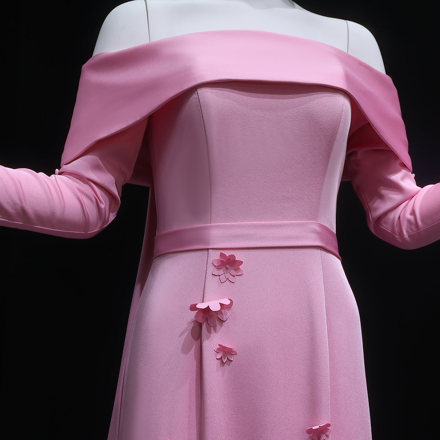 Pink Off-Shoulder 3D Floral A-Line Long Sleeves Evening Dress SF220