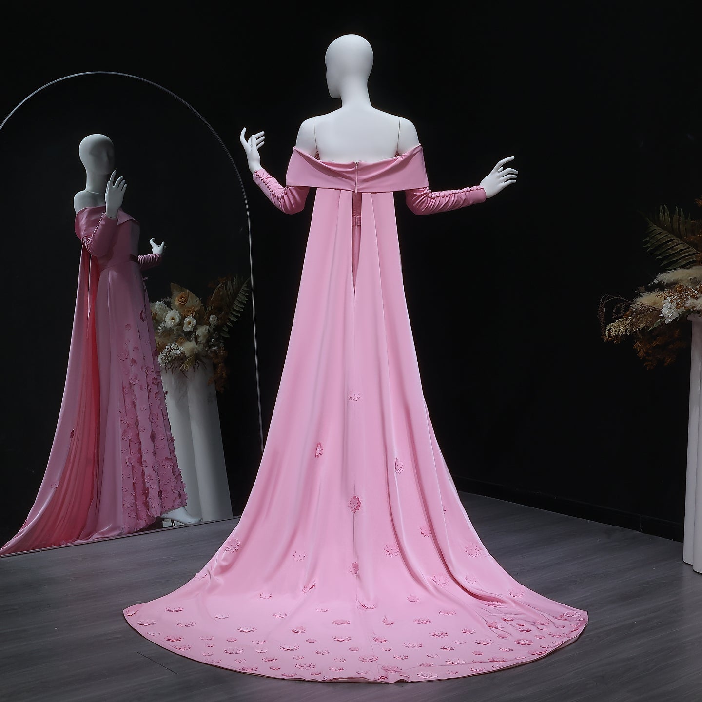 Pink Off-Shoulder 3D Floral A-Line Long Sleeves Evening Dress SF220