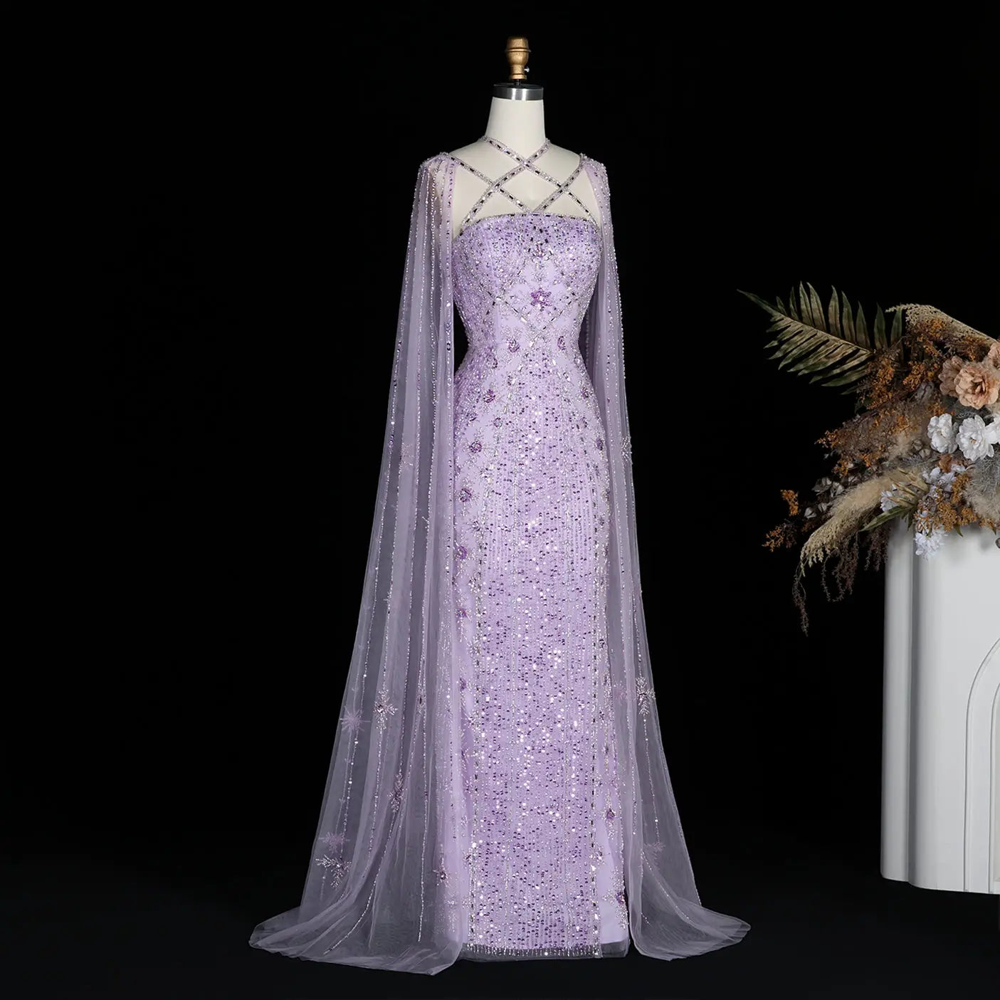 Luxury Lavender Beaded Mermaid Evening Gown with Detachable Cape Sleeves SS391 Sheer Fairy