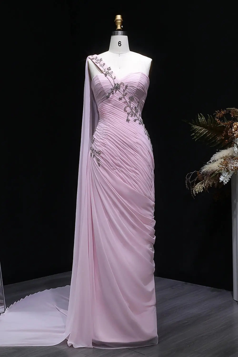 Beaded Chiffon Formal Pink One-Shoulder Sheath Evening Dress SF249 Sheer Fairy