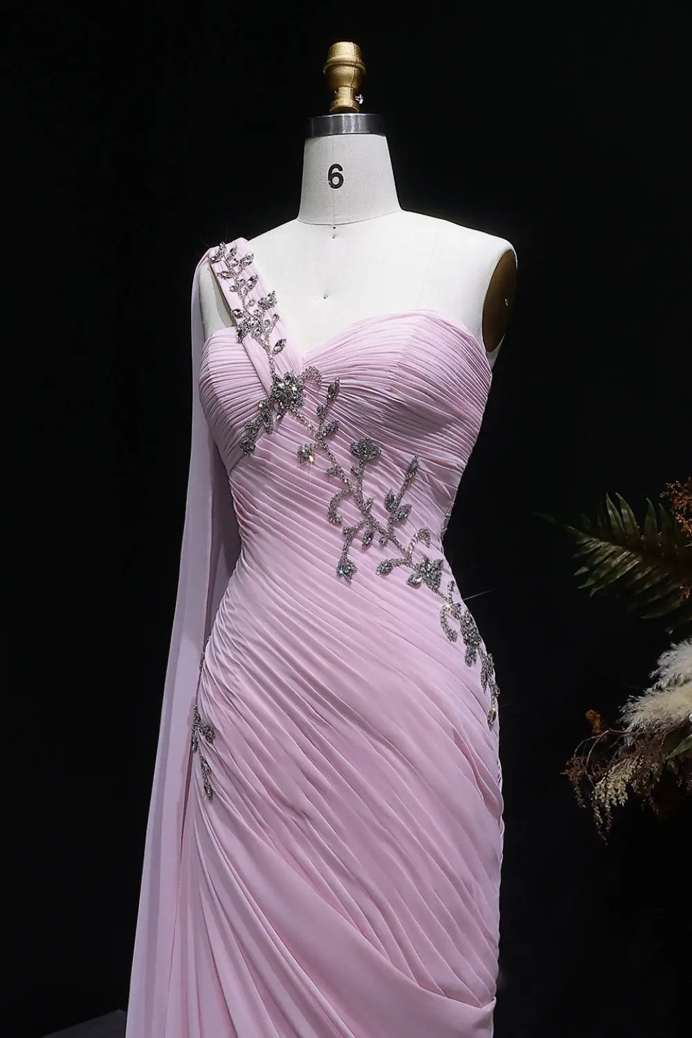 Beaded Chiffon Formal Pink One-Shoulder Sheath Evening Dress SF249 Sheer Fairy