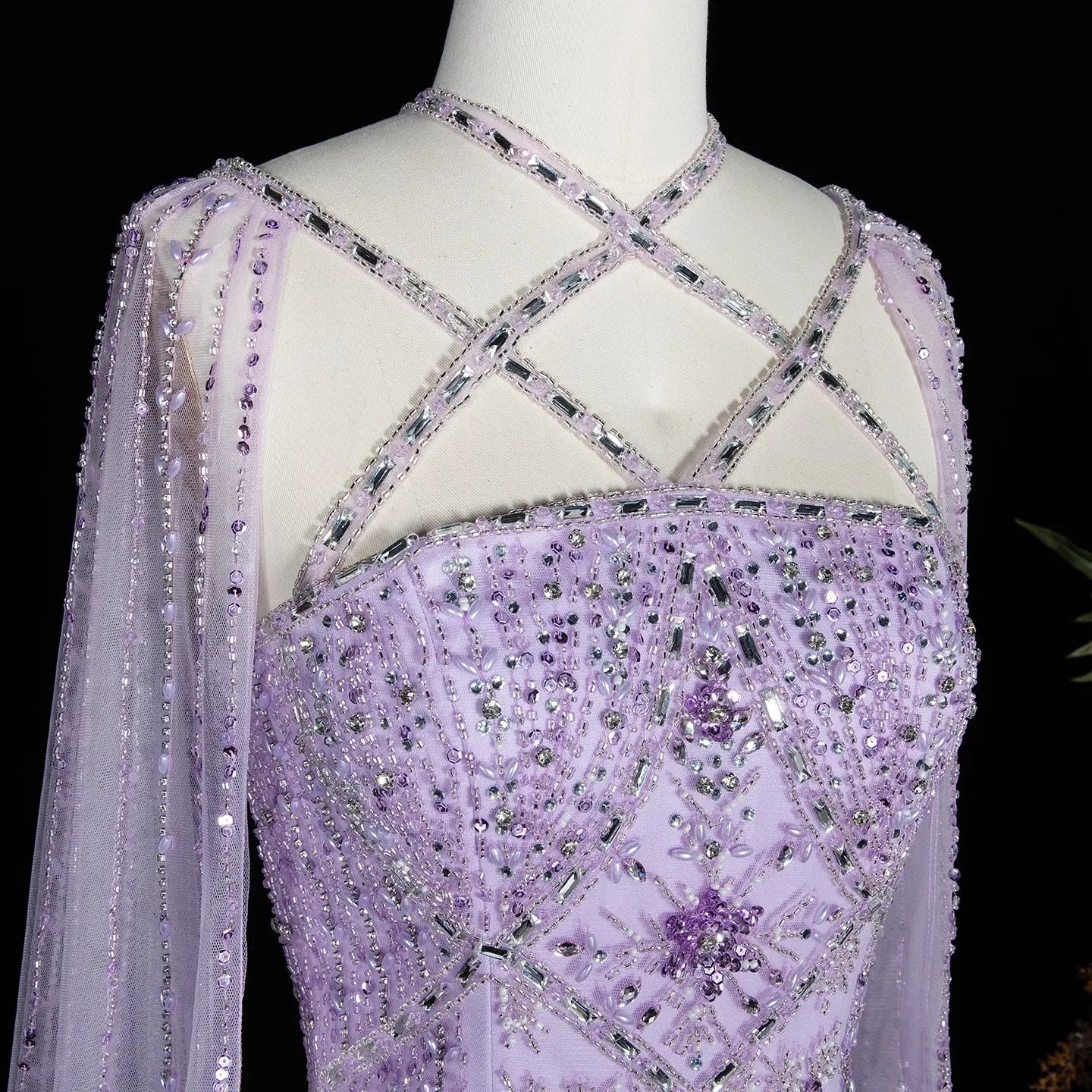 Luxury Lavender Beaded Mermaid Evening Gown with Detachable Cape Sleeves SS391 Sheer Fairy
