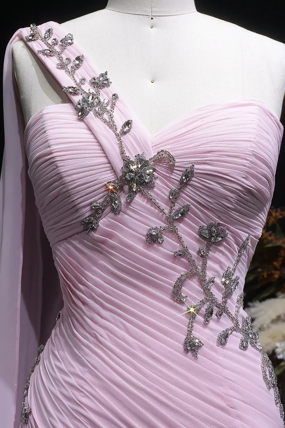 Beaded Chiffon Formal Pink One-Shoulder Sheath Evening Dress SF249 Sheer Fairy