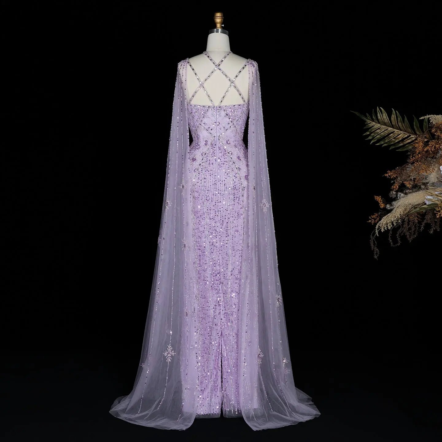 Luxury Lavender Beaded Mermaid Evening Gown with Detachable Cape Sleeves SS391 Sheer Fairy
