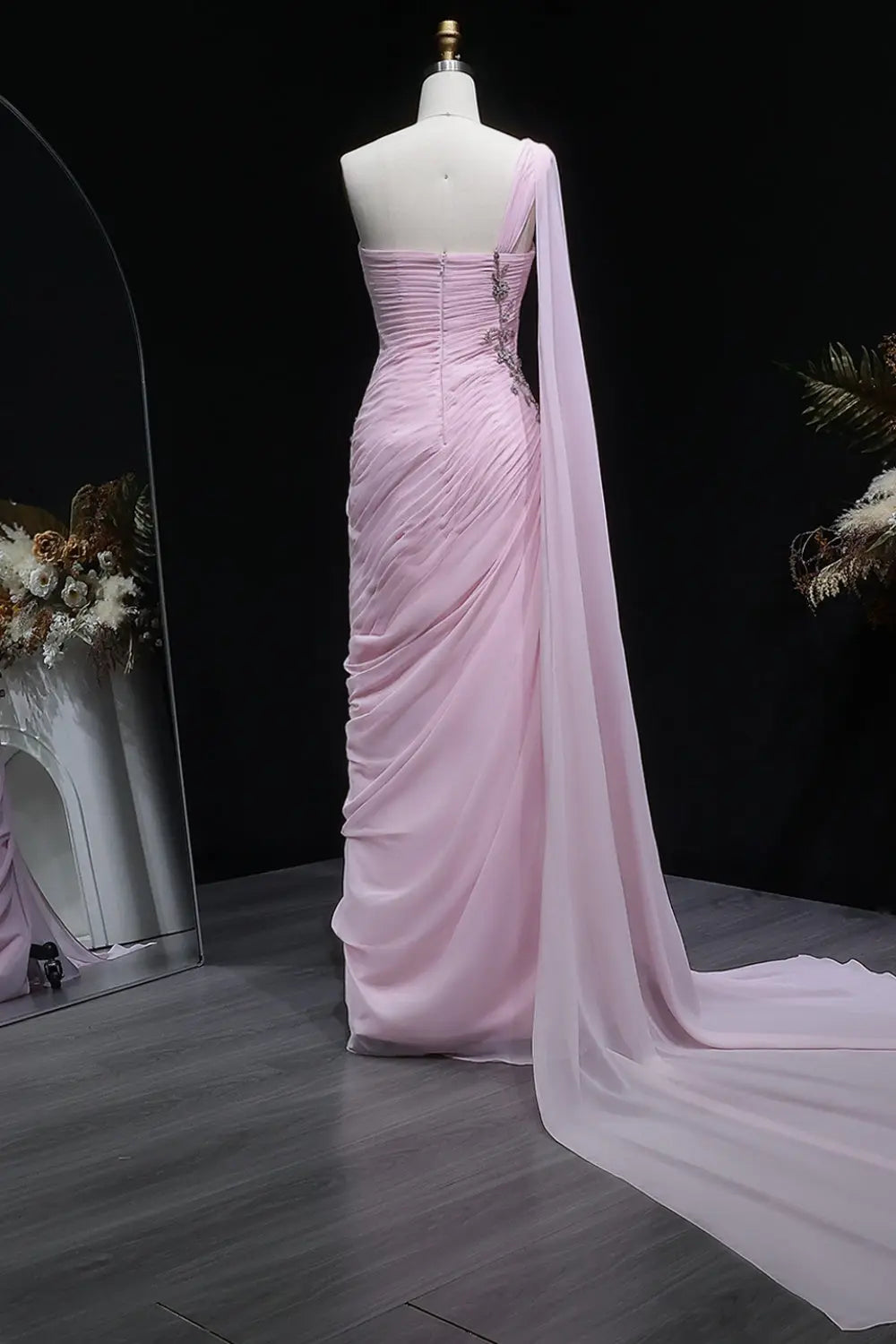 Beaded Chiffon Formal Pink One-Shoulder Sheath Evening Dress SF249 Sheer Fairy