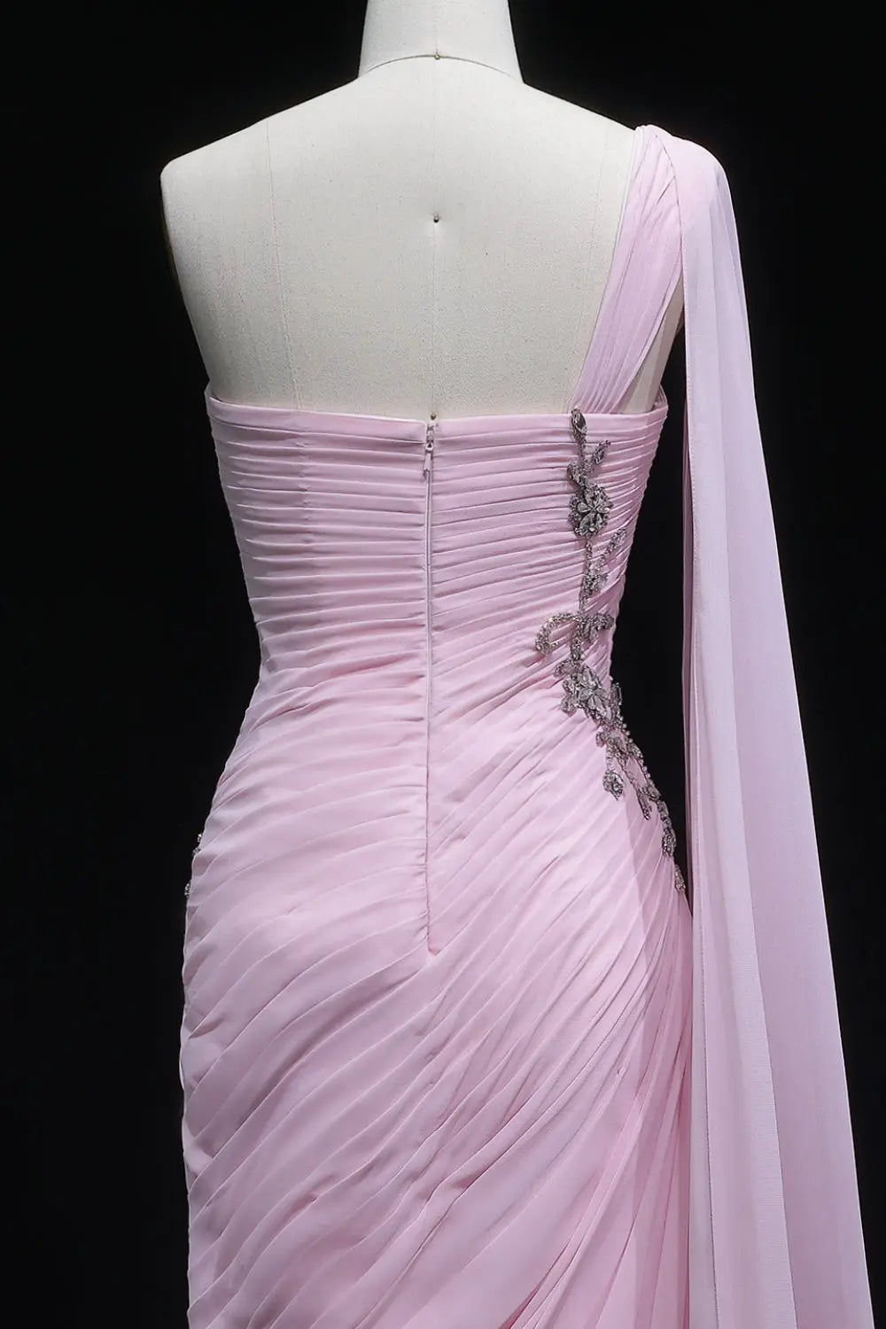 Beaded Chiffon Formal Pink One-Shoulder Sheath Evening Dress SF249 Sheer Fairy