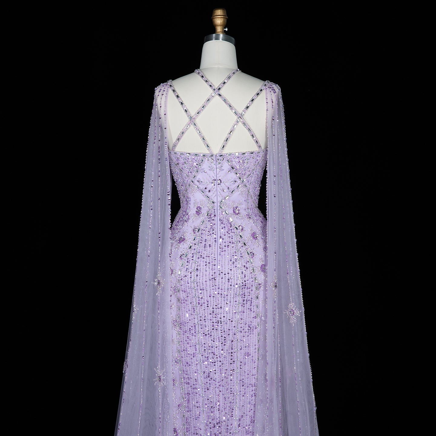 Luxury Lavender Beaded Mermaid Evening Gown with Detachable Cape Sleeves SS391 Sheer Fairy