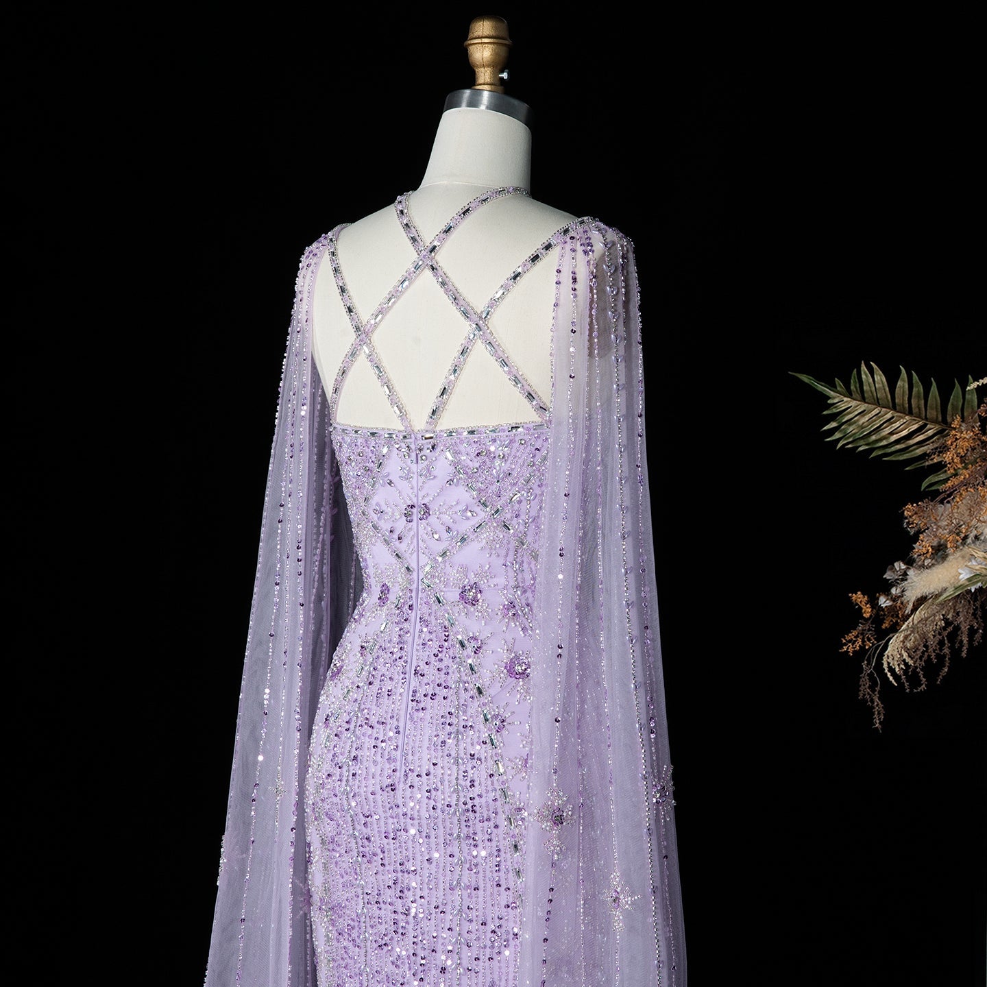 Luxury Lavender Beaded Mermaid Evening Gown with Detachable Cape Sleeves SS391 Sheer Fairy