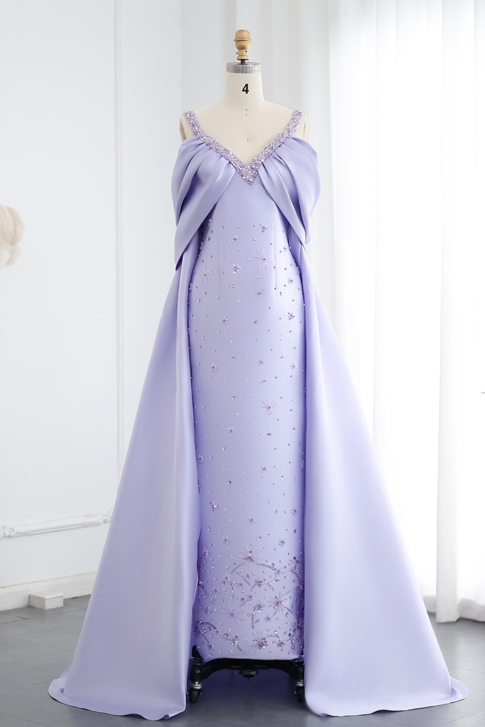 Luxury Lilac Beaded Off Shoulder Evening Dress with Cape SS341 Sheer Fairy