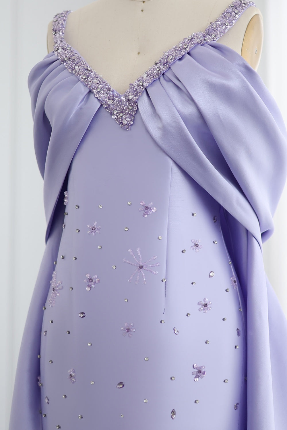 Luxury Lilac Beaded Off Shoulder Evening Dress with Cape SS341 Sheer Fairy