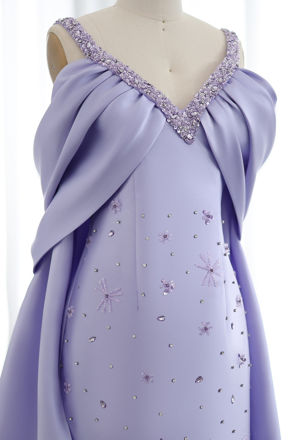 Luxury Lilac Beaded Off Shoulder Evening Dress with Cape SS341 Sheer Fairy