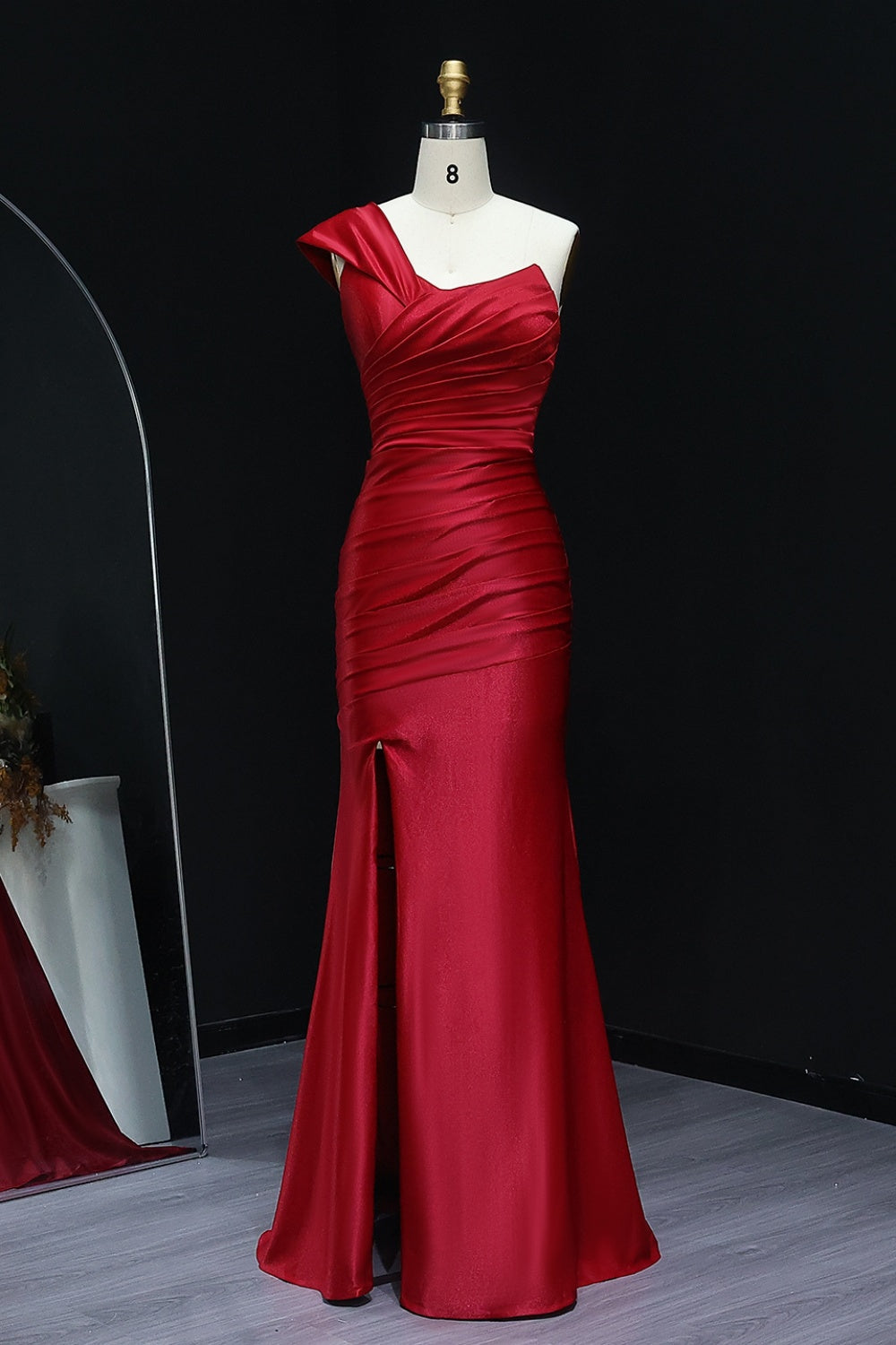 Crimson Red Satin One-Shoulder Sheath Prom Dress SH517 Sheer Fairy