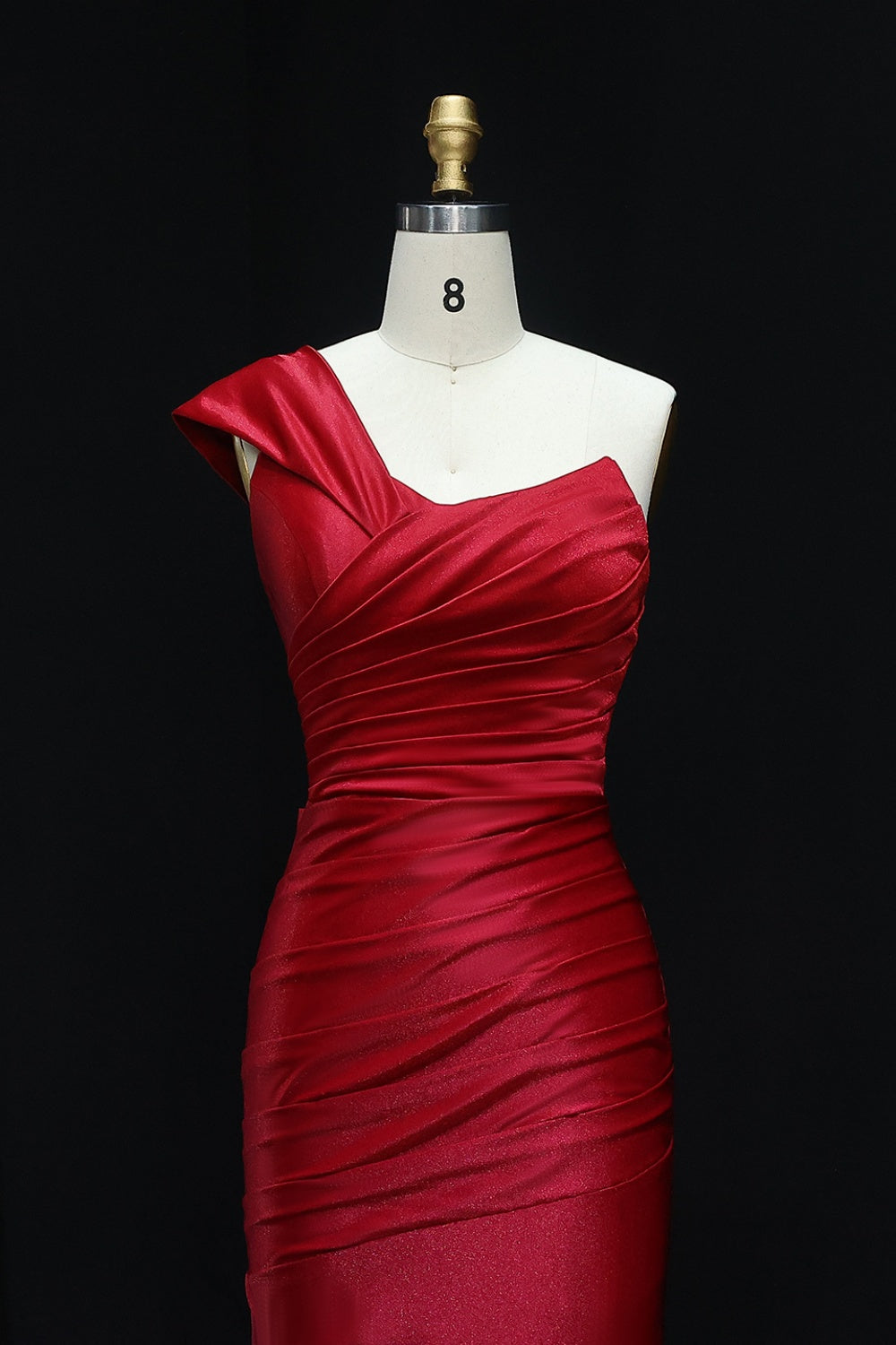 Crimson Red Satin One-Shoulder Sheath Prom Dress SH517 Sheer Fairy