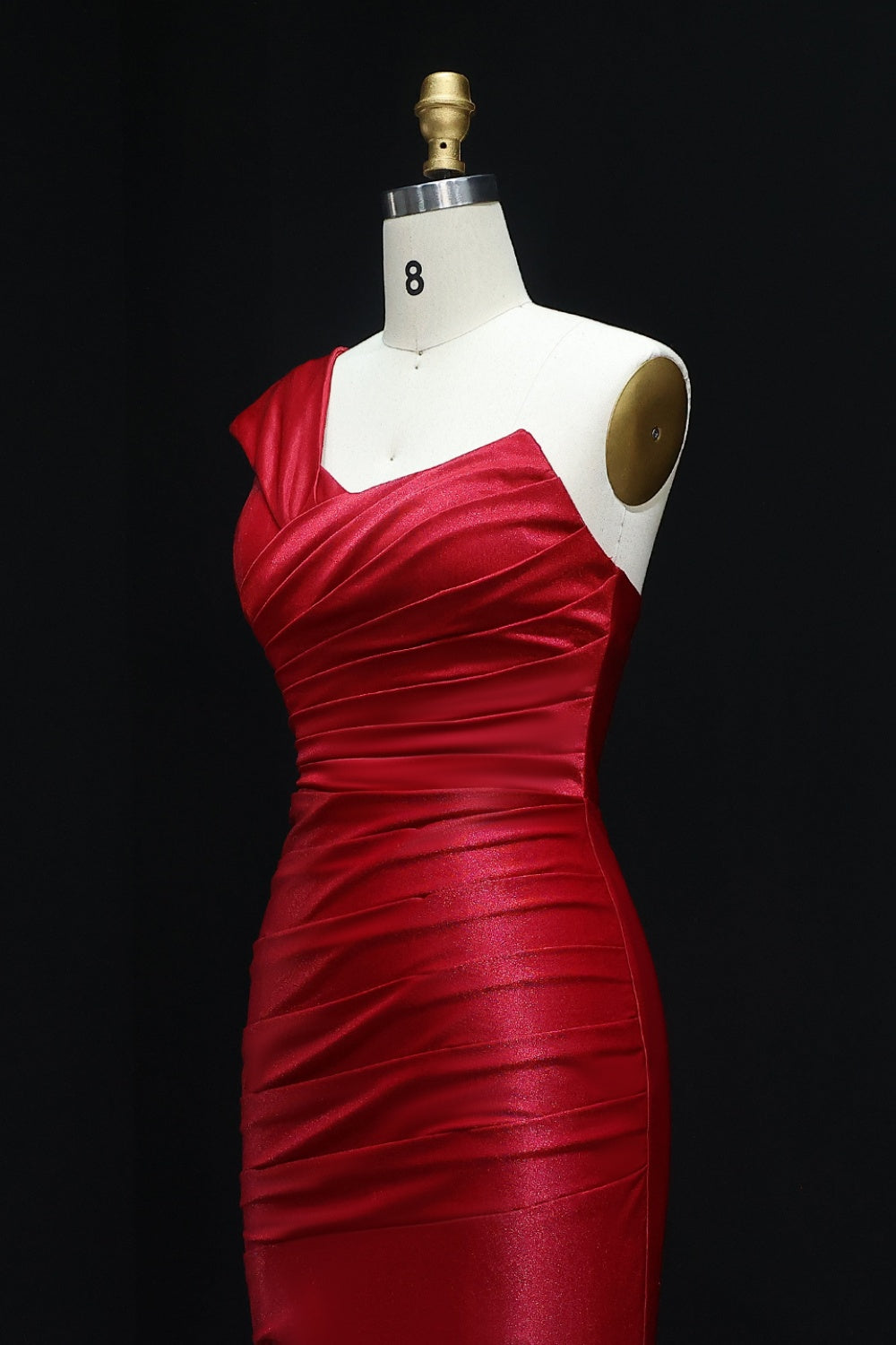 Crimson Red Satin One-Shoulder Sheath Prom Dress SH517 Sheer Fairy