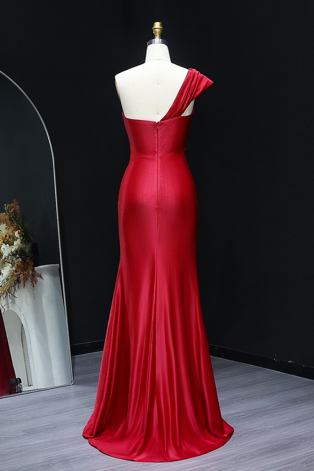 Crimson Red Satin One-Shoulder Sheath Prom Dress SH517 Sheer Fairy