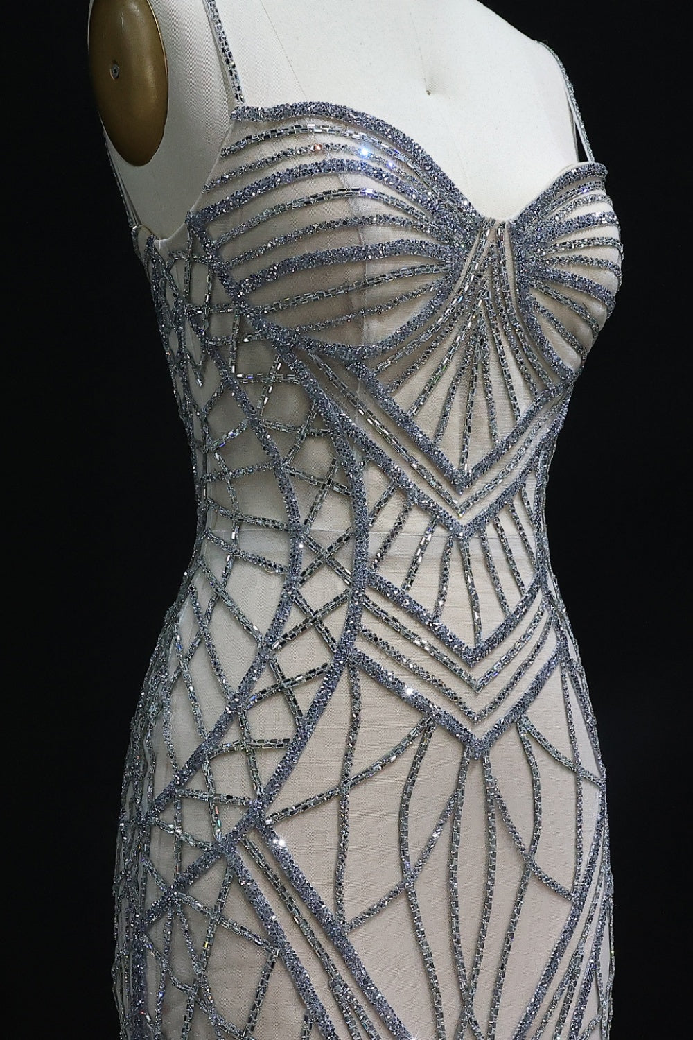 Exquisite Geometric Beaded Spaghetti Straps Mermaid Prom Dress SH519 Sheer Fairy