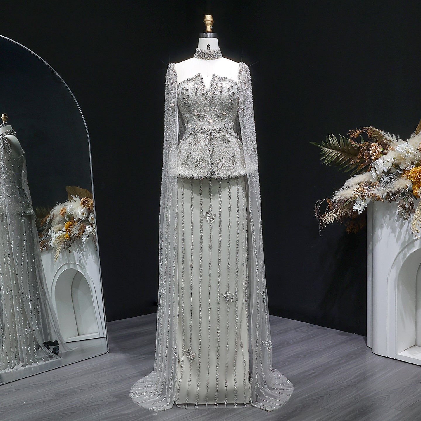 Luxury Silver Crystal Beaded Cape Mermaid Evening Dress Gown with Peplum SS531 Sheer Fairy
