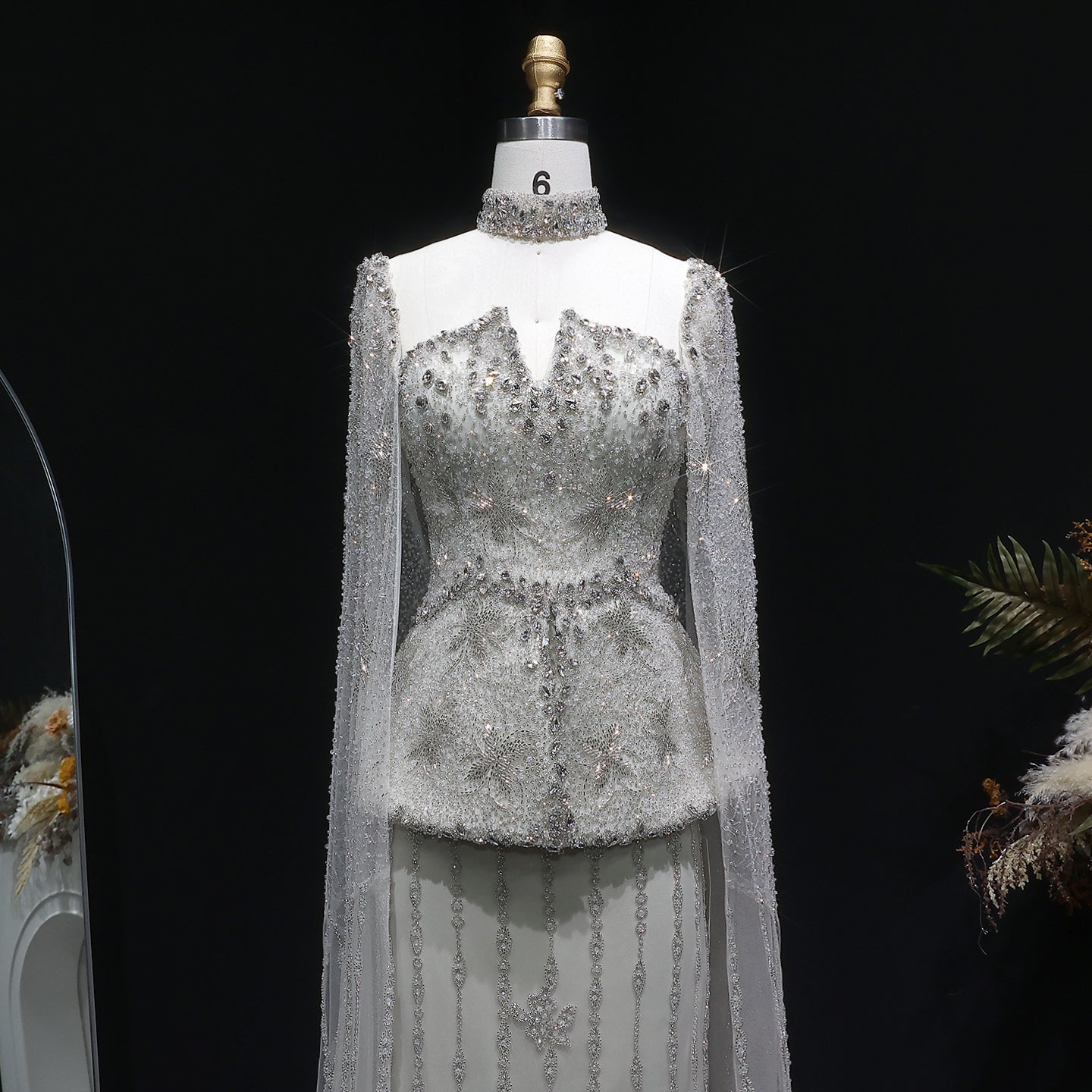 Luxury Silver Crystal Beaded Cape Mermaid Evening Dress Gown with Peplum SS531 Sheer Fairy