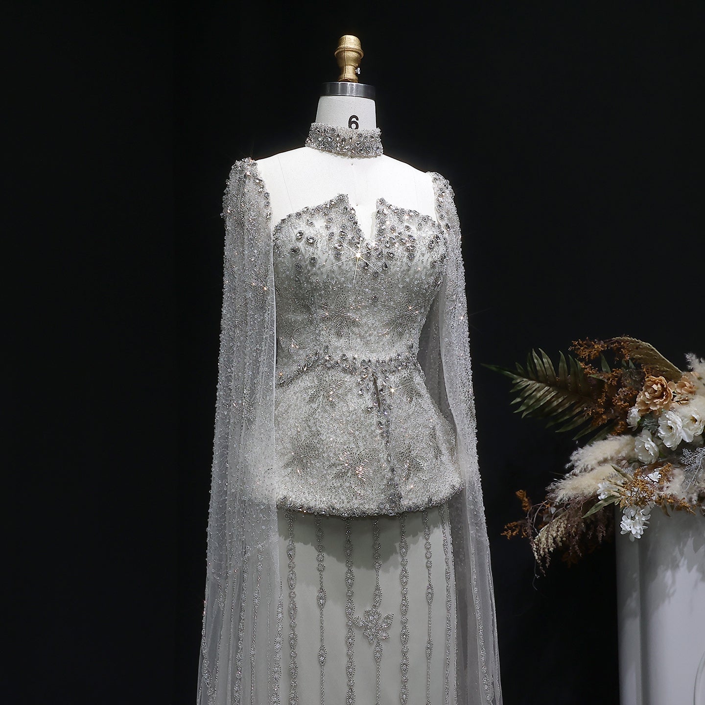 Luxury Silver Crystal Beaded Cape Mermaid Evening Dress Gown with Peplum SS531 Sheer Fairy