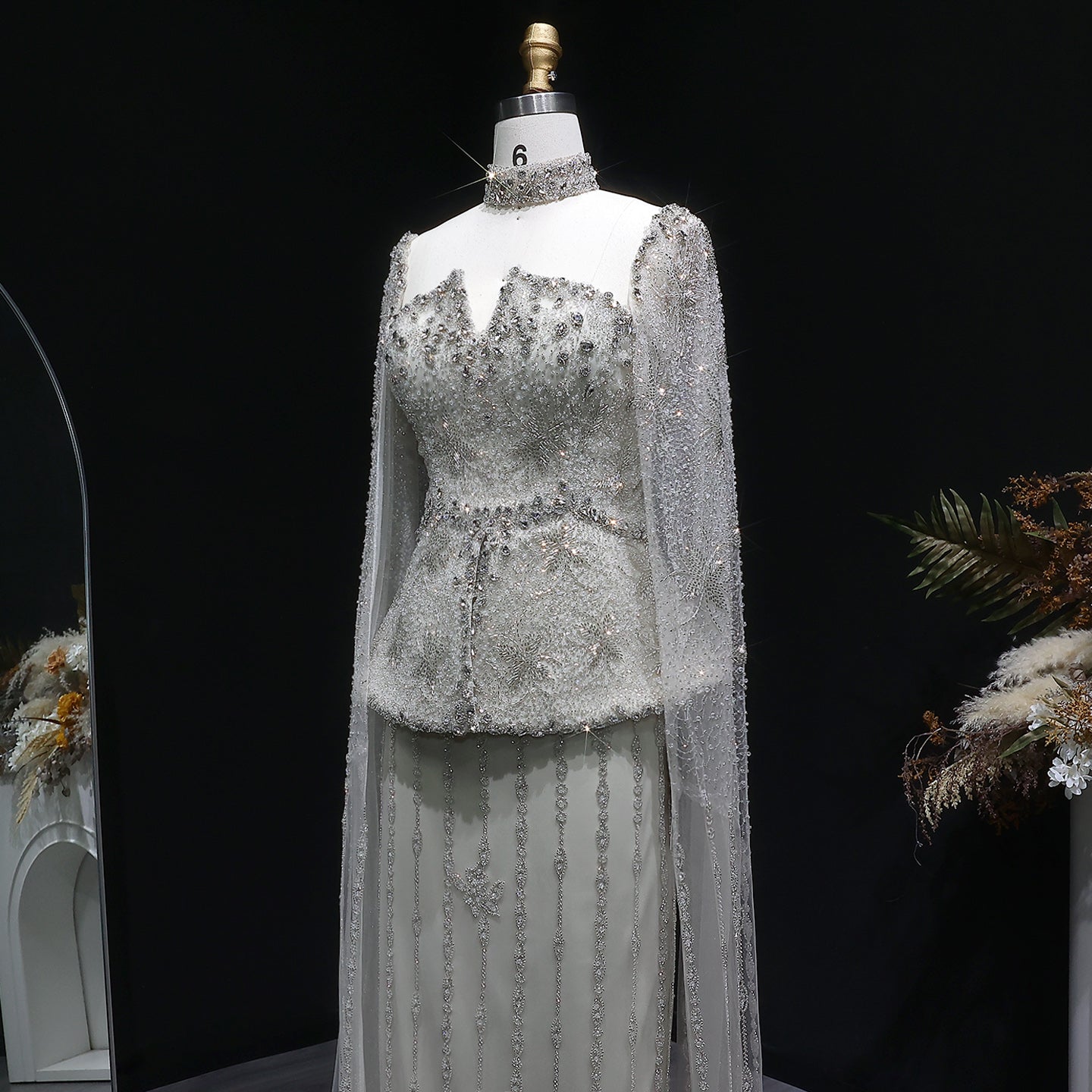 Luxury Silver Crystal Beaded Cape Mermaid Evening Dress Gown with Peplum SS531 Sheer Fairy