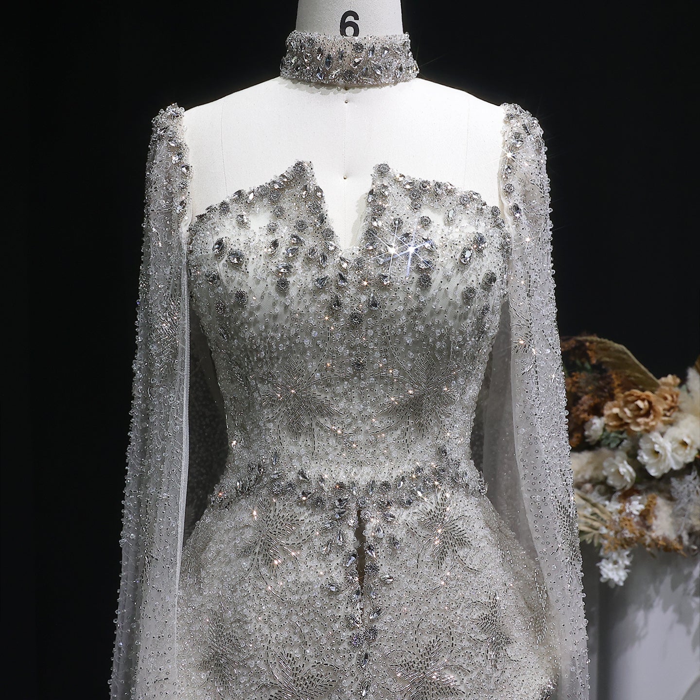 Luxury Silver Crystal Beaded Cape Mermaid Evening Dress Gown with Peplum SS531 Sheer Fairy