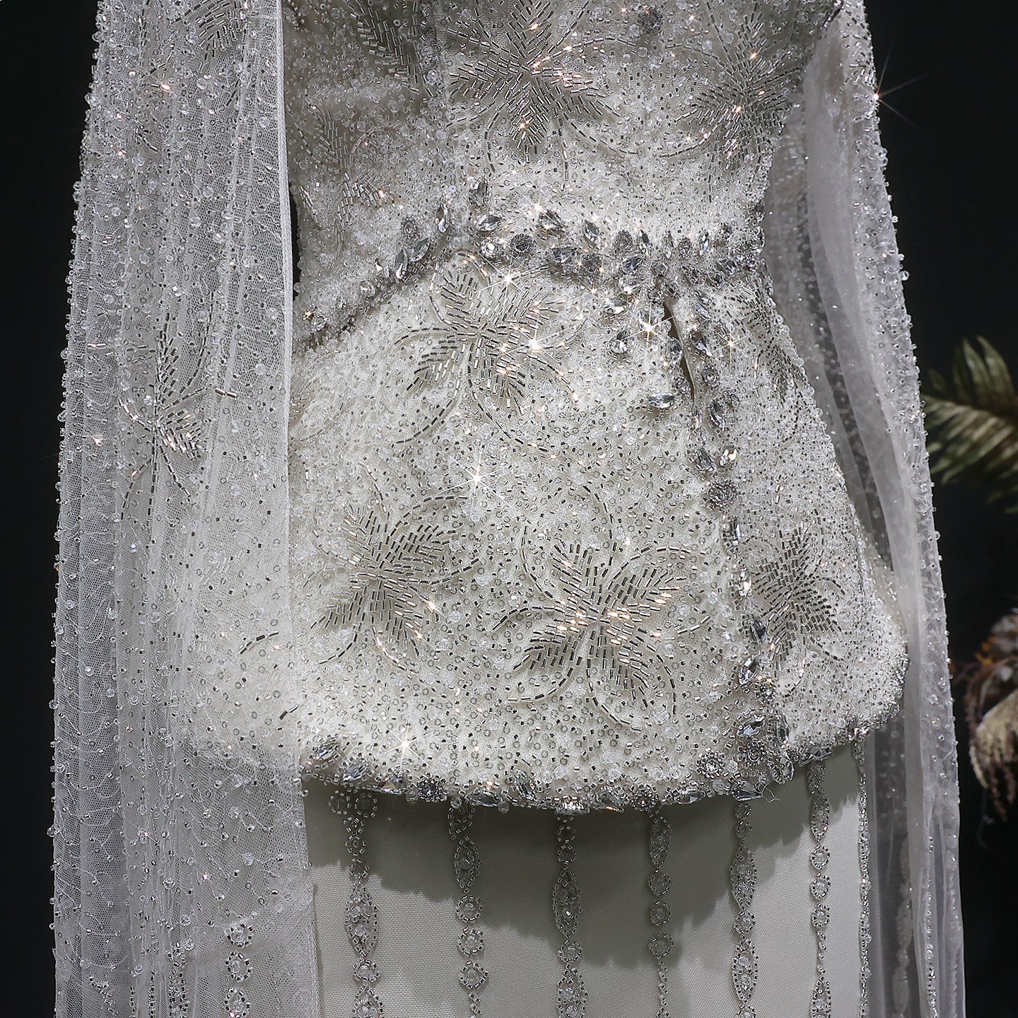 Luxury Silver Crystal Beaded Cape Mermaid Evening Dress Gown with Peplum SS531 Sheer Fairy