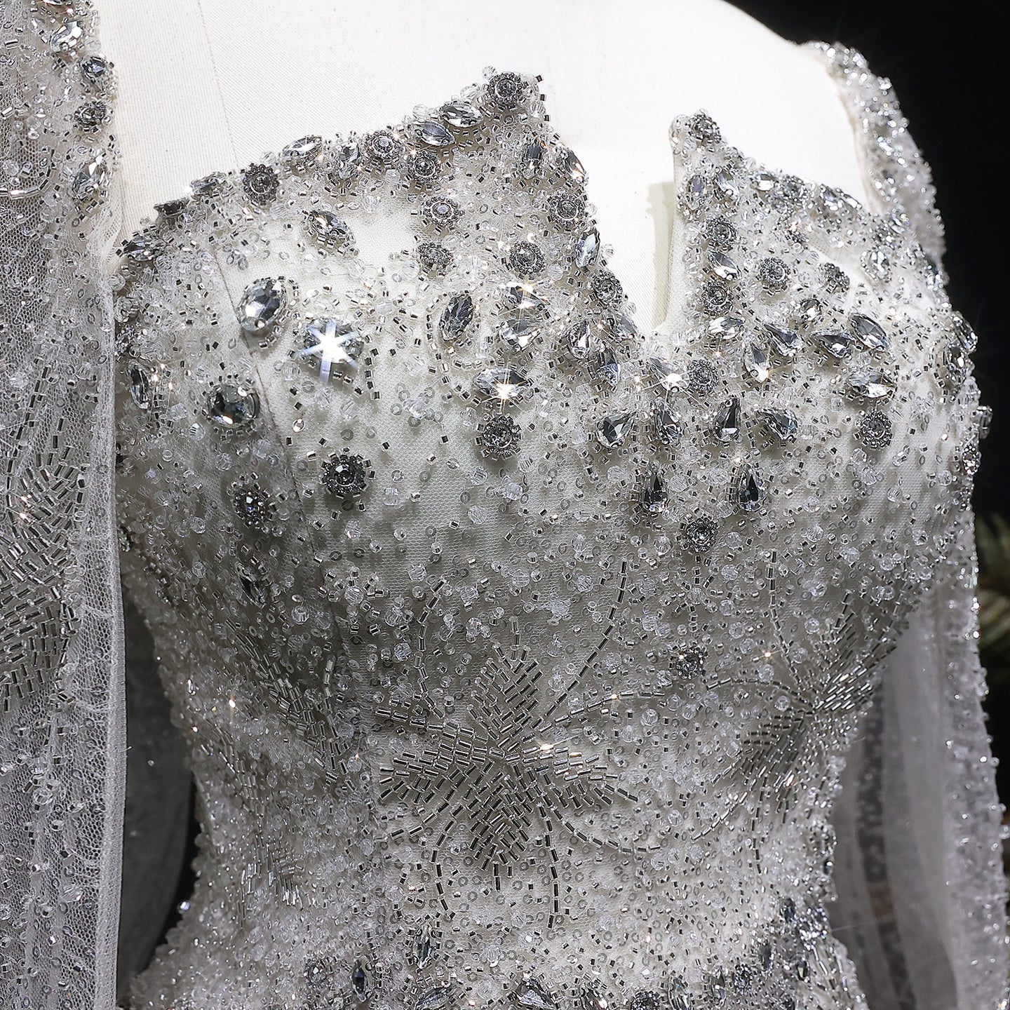 Luxury Silver Crystal Beaded Cape Mermaid Evening Dress Gown with Peplum SS531 Sheer Fairy