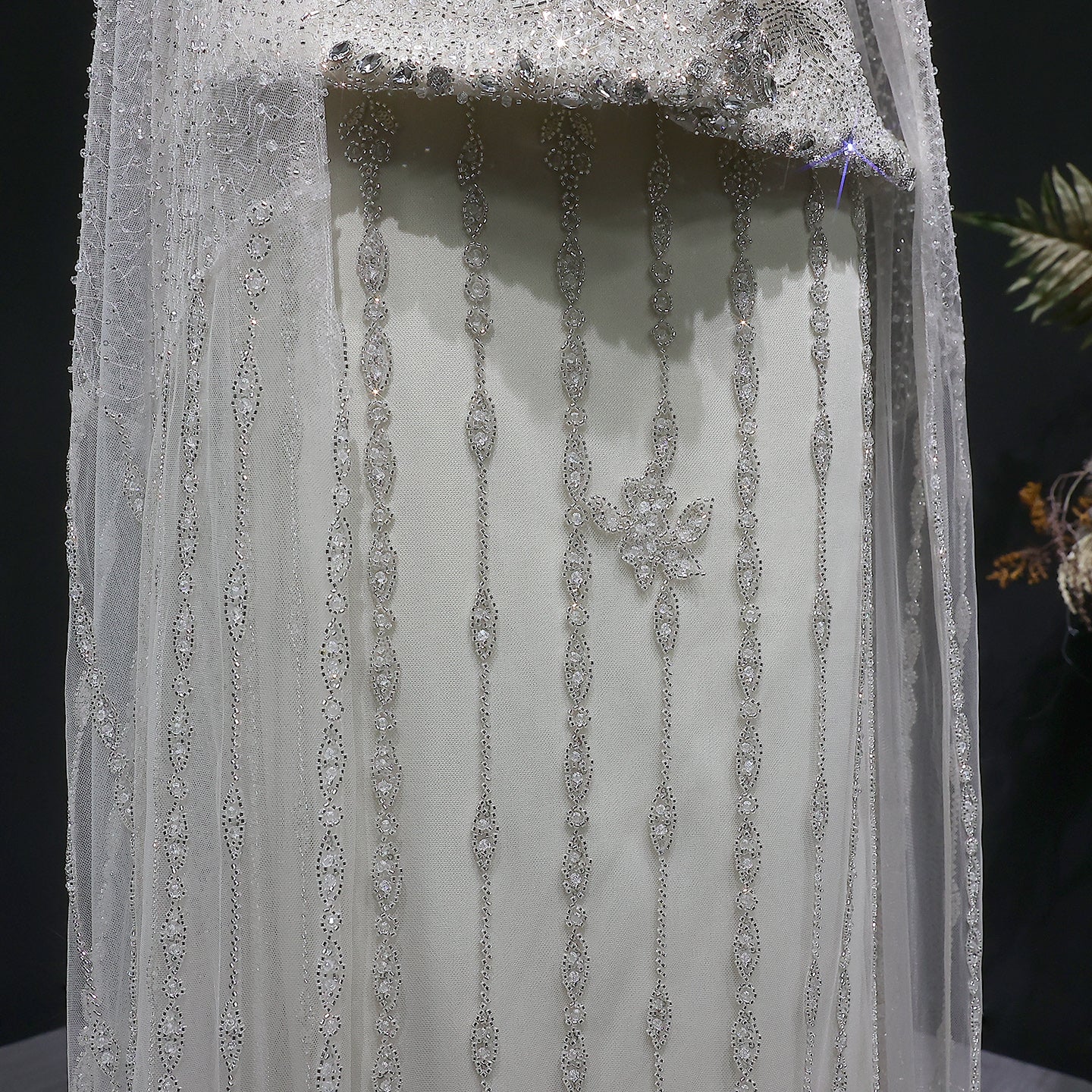 Luxury Silver Crystal Beaded Cape Mermaid Evening Dress Gown with Peplum SS531 Sheer Fairy