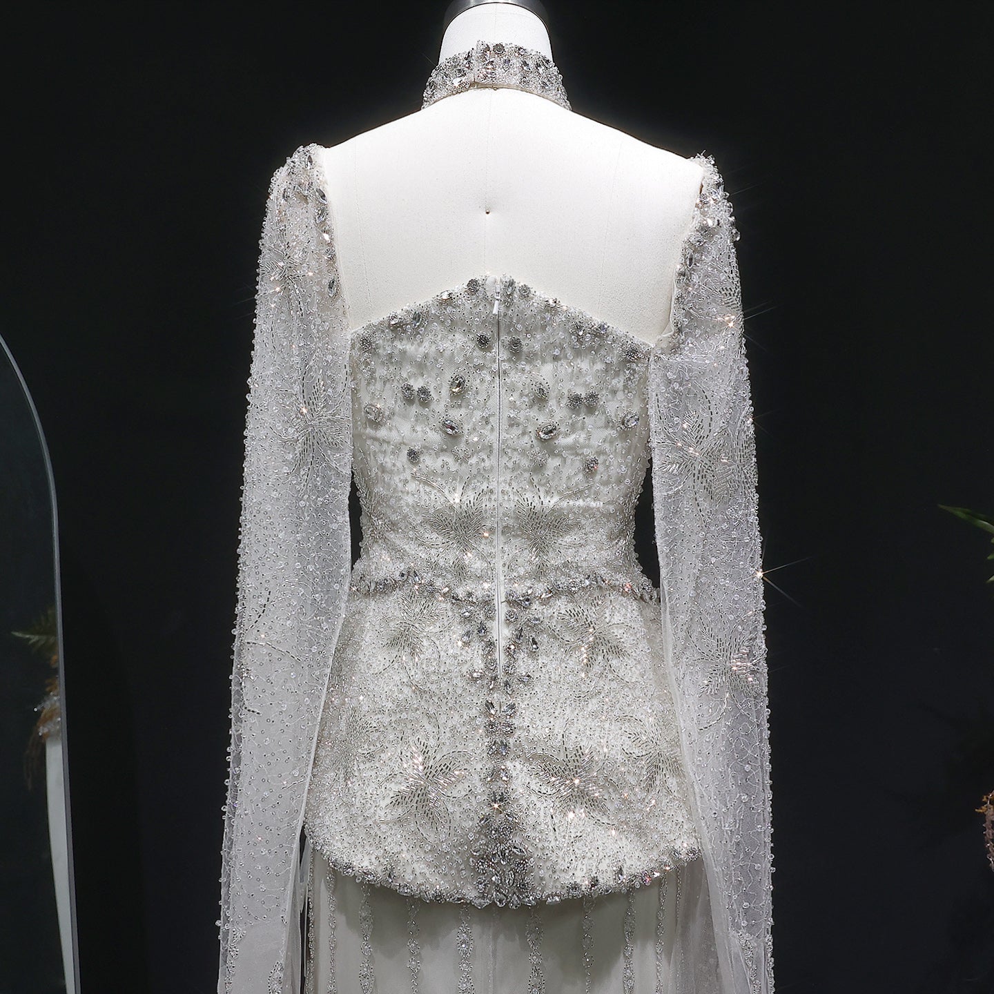 Luxury Silver Crystal Beaded Cape Mermaid Evening Dress Gown with Peplum SS531 Sheer Fairy