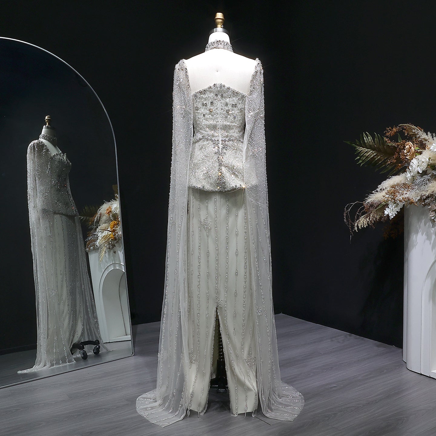 Luxury Silver Crystal Beaded Cape Mermaid Evening Dress Gown with Peplum SS531 Sheer Fairy