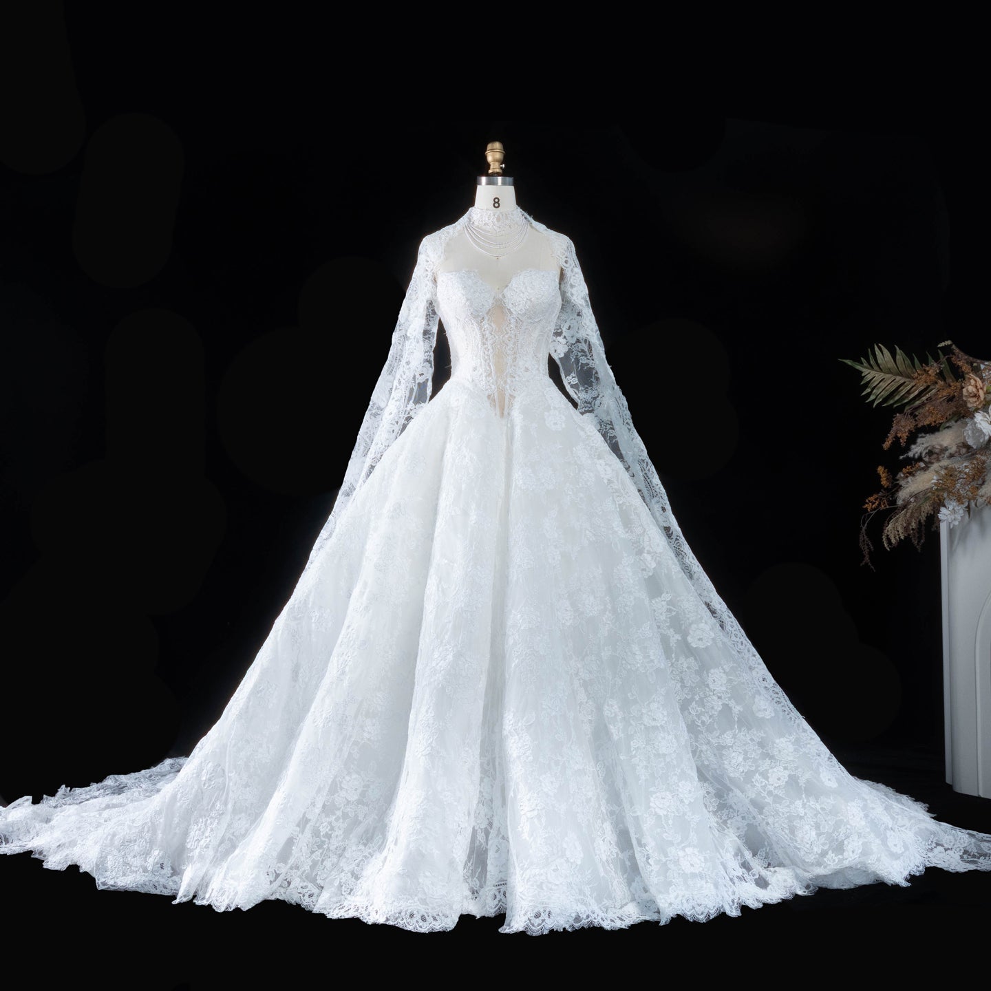 White Lace Ball Gown Sweetheart Wedding Dress with Detachable Capelet SW166 Sheer Fairy