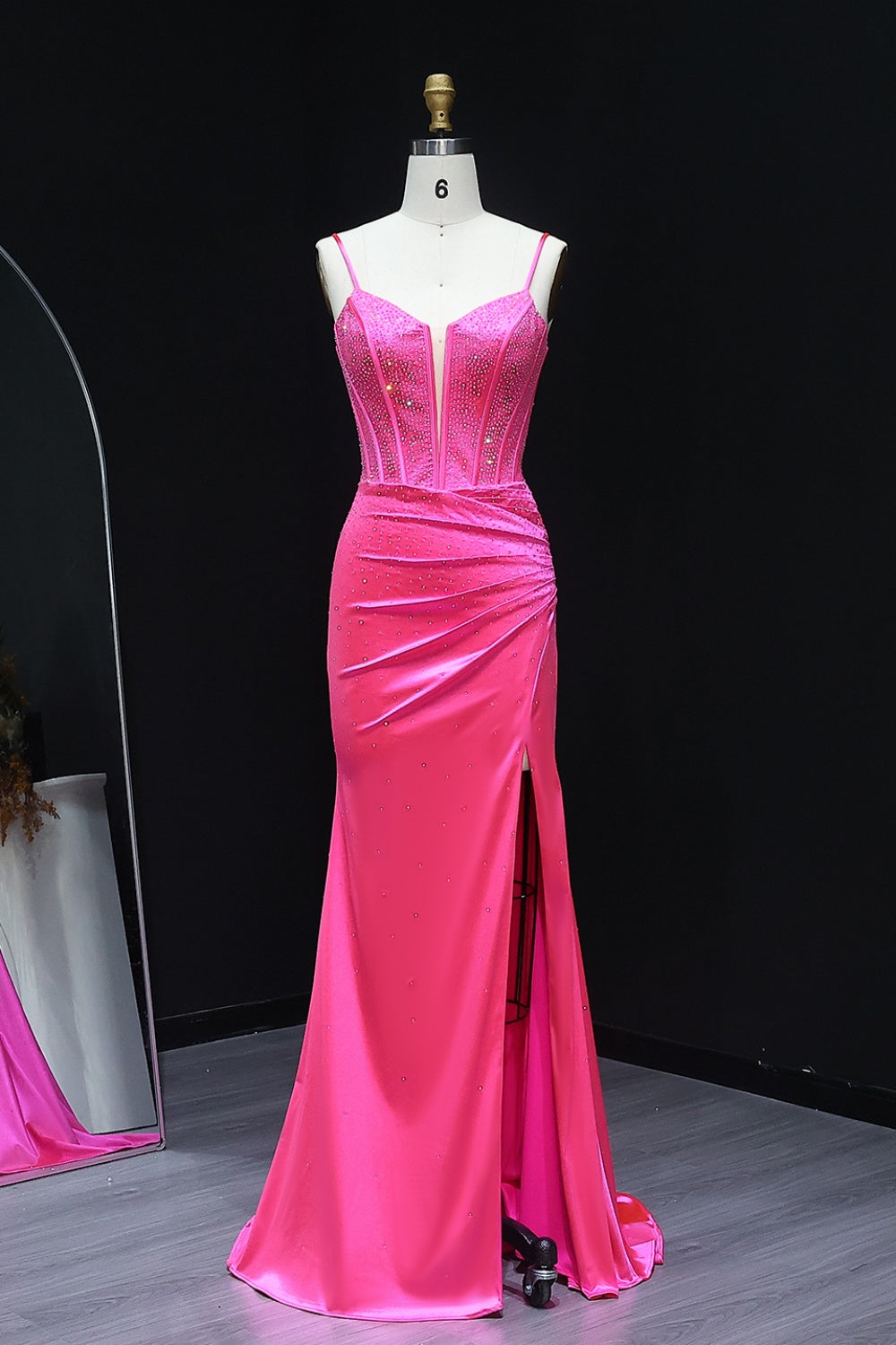 Hot Pink Satin Spaghetti Straps Mermaid Prom Dress SH522 Sheer Fairy