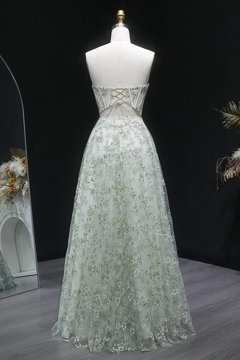 Elegant Strapless Sweetheart White Floral Lace A-Line Prom Dress SH409 Sheer Fairy