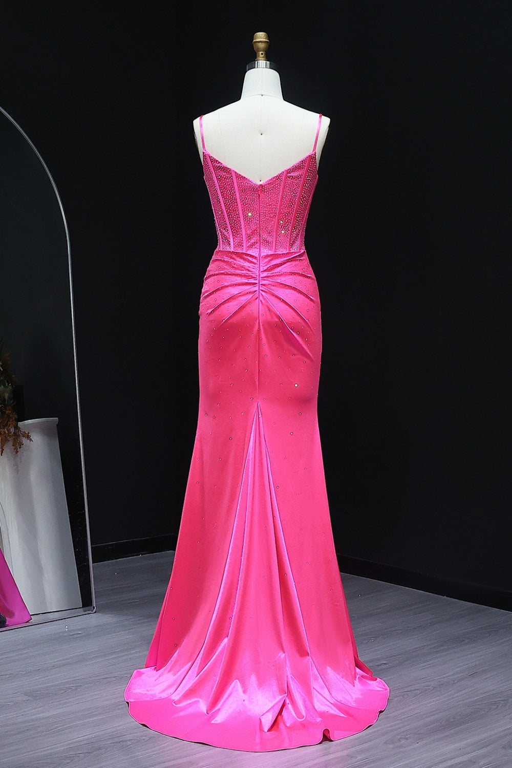 Hot Pink Satin Spaghetti Straps Mermaid Prom Dress SH522 Sheer Fairy