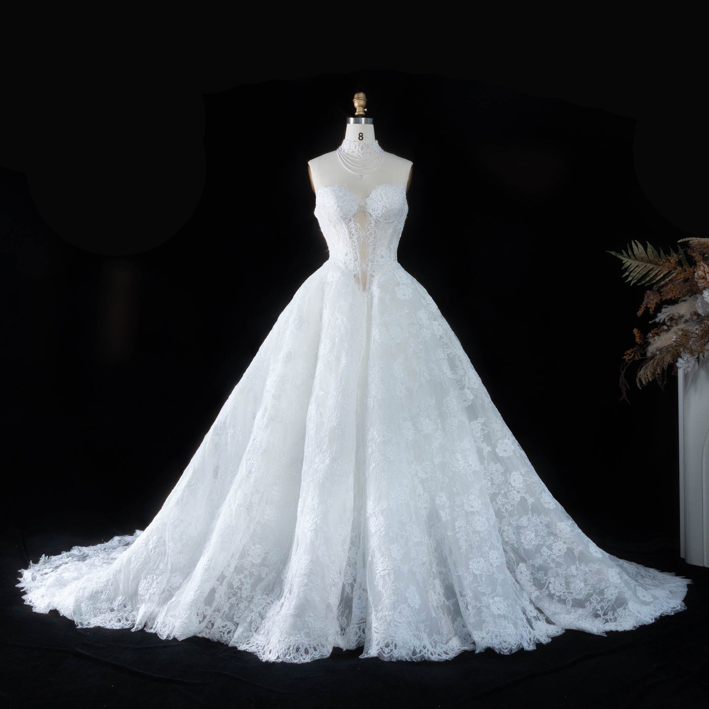 White Lace Ball Gown Sweetheart Wedding Dress with Detachable Capelet SW166 Sheer Fairy