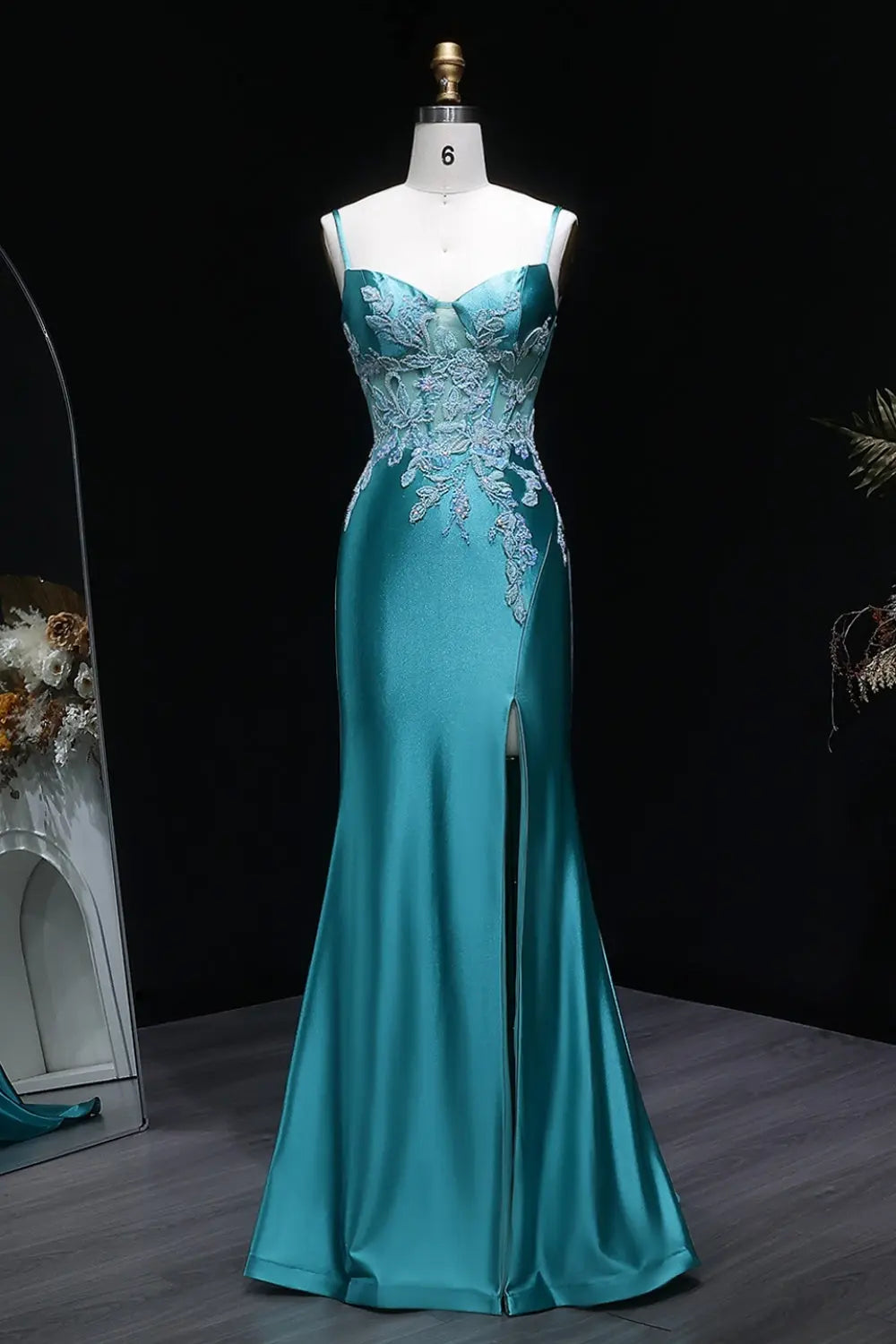 Strapless Sheath Turquoise Satin Lace Teal Prom Dress SH406 Sheer Fairy