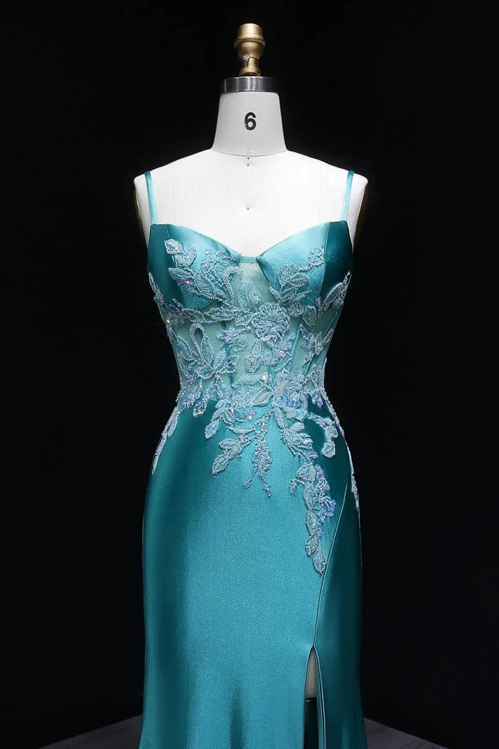 Strapless Sheath Turquoise Satin Lace Teal Prom Dress SH406 Sheer Fairy