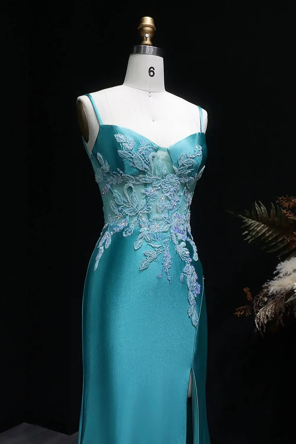 Strapless Sheath Turquoise Satin Lace Teal Prom Dress SH406 Sheer Fairy