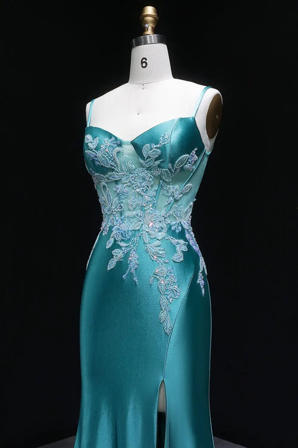 Strapless Sheath Turquoise Satin Lace Teal Prom Dress SH406 Sheer Fairy