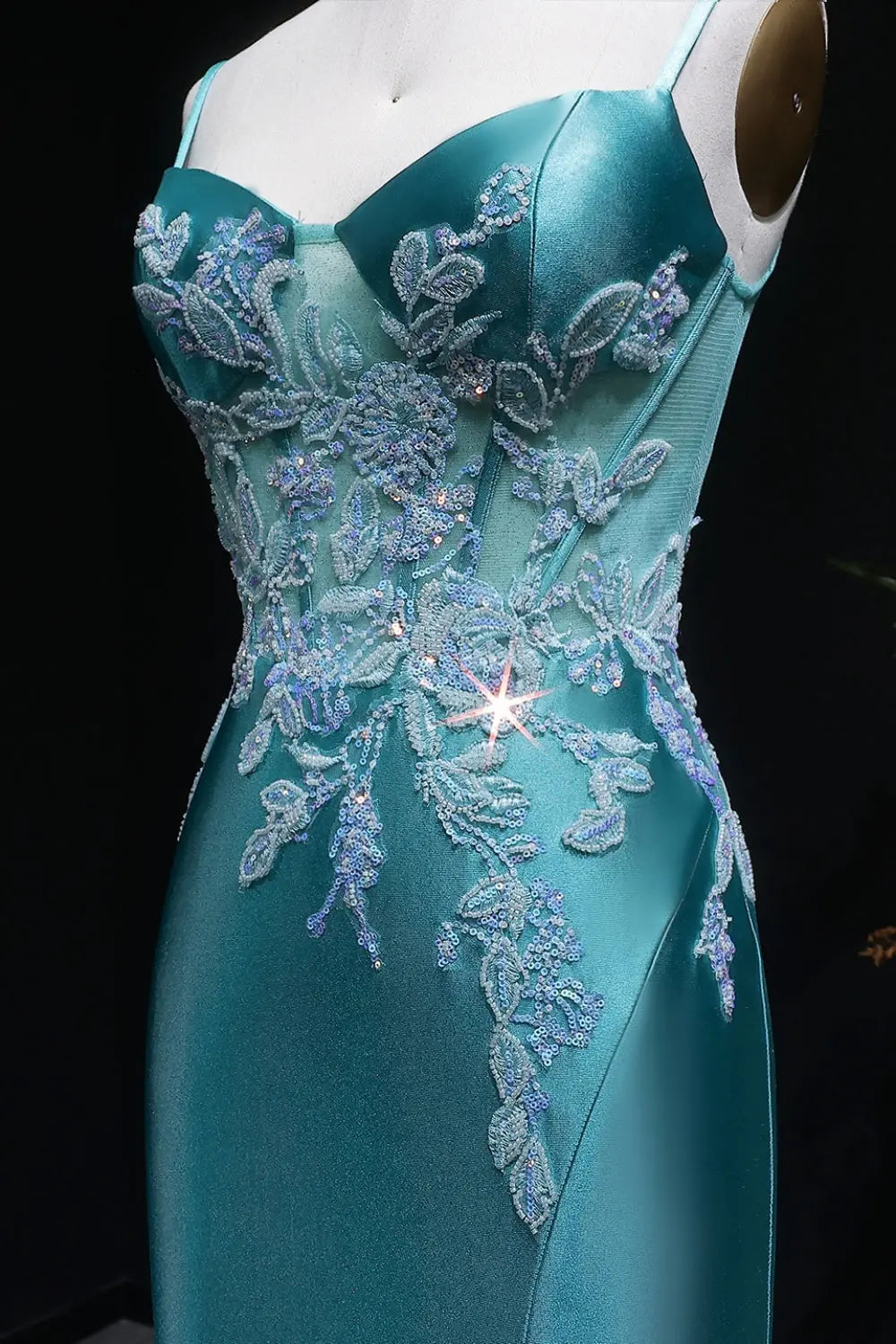 Strapless Sheath Turquoise Satin Lace Teal Prom Dress SH406 Sheer Fairy