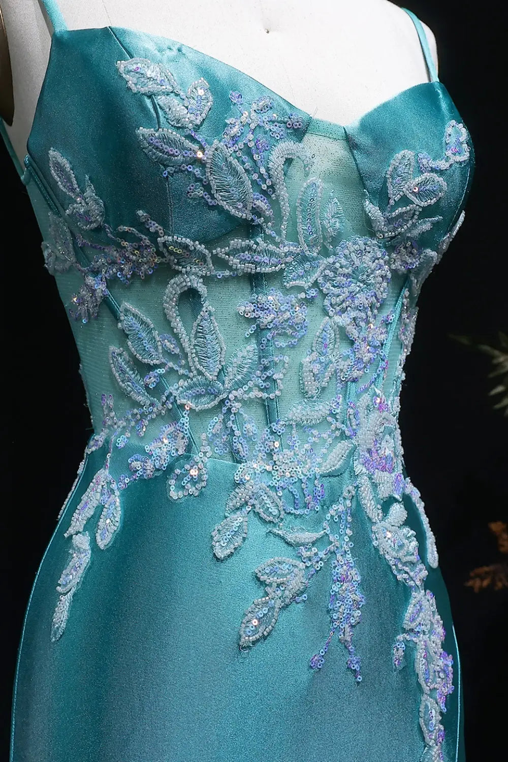 Strapless Sheath Turquoise Satin Lace Teal Prom Dress SH406 Sheer Fairy