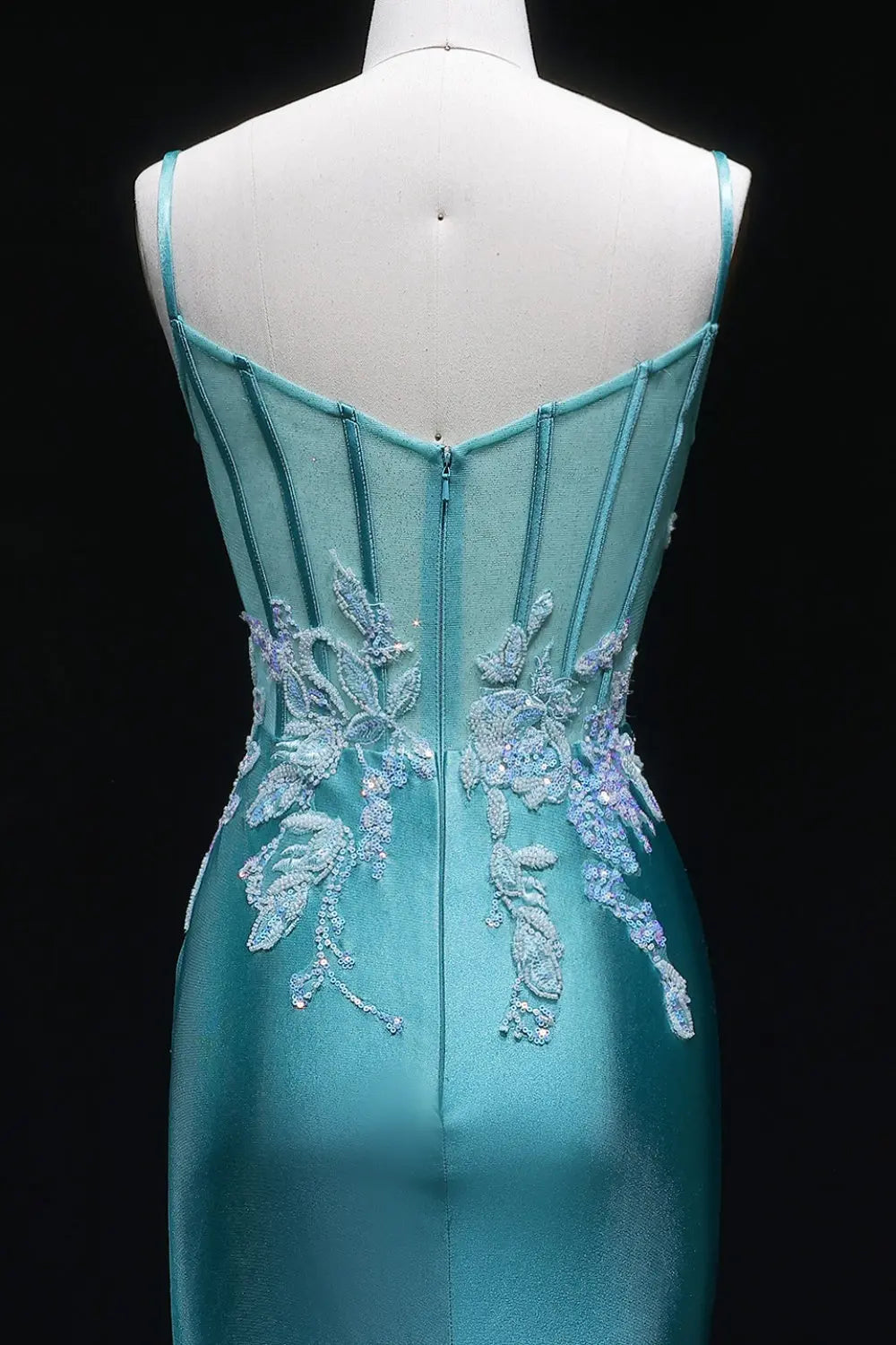 Strapless Sheath Turquoise Satin Lace Teal Prom Dress SH406 Sheer Fairy