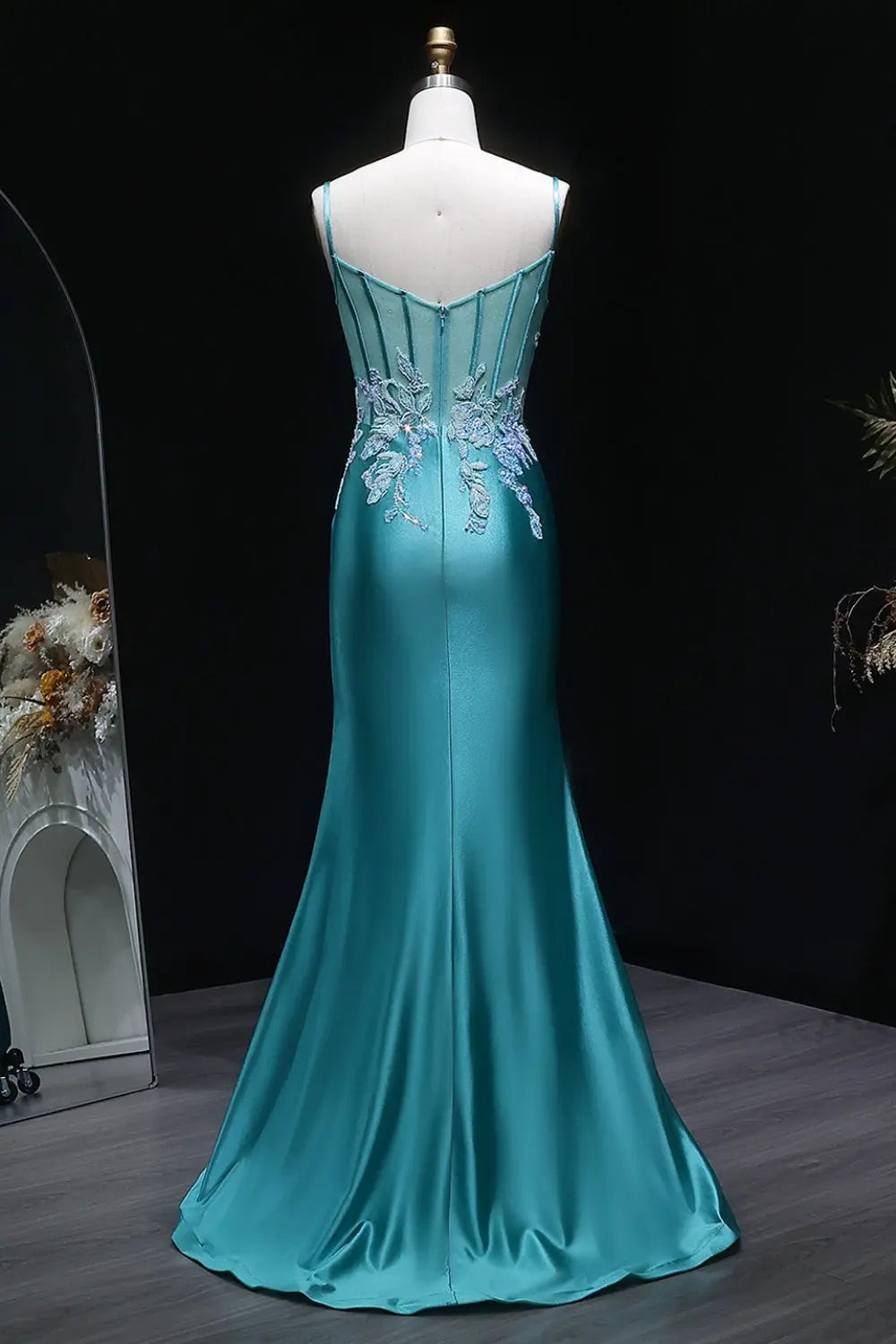 Strapless Sheath Turquoise Satin Lace Teal Prom Dress SH406 Sheer Fairy