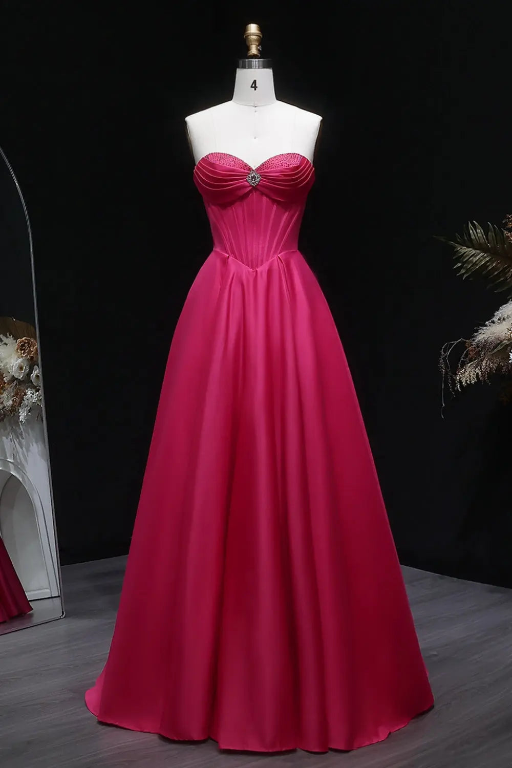 Hot Pink Strapless Sweetheart Satin Ball Gown Prom Dress SH408 Sheer Fairy