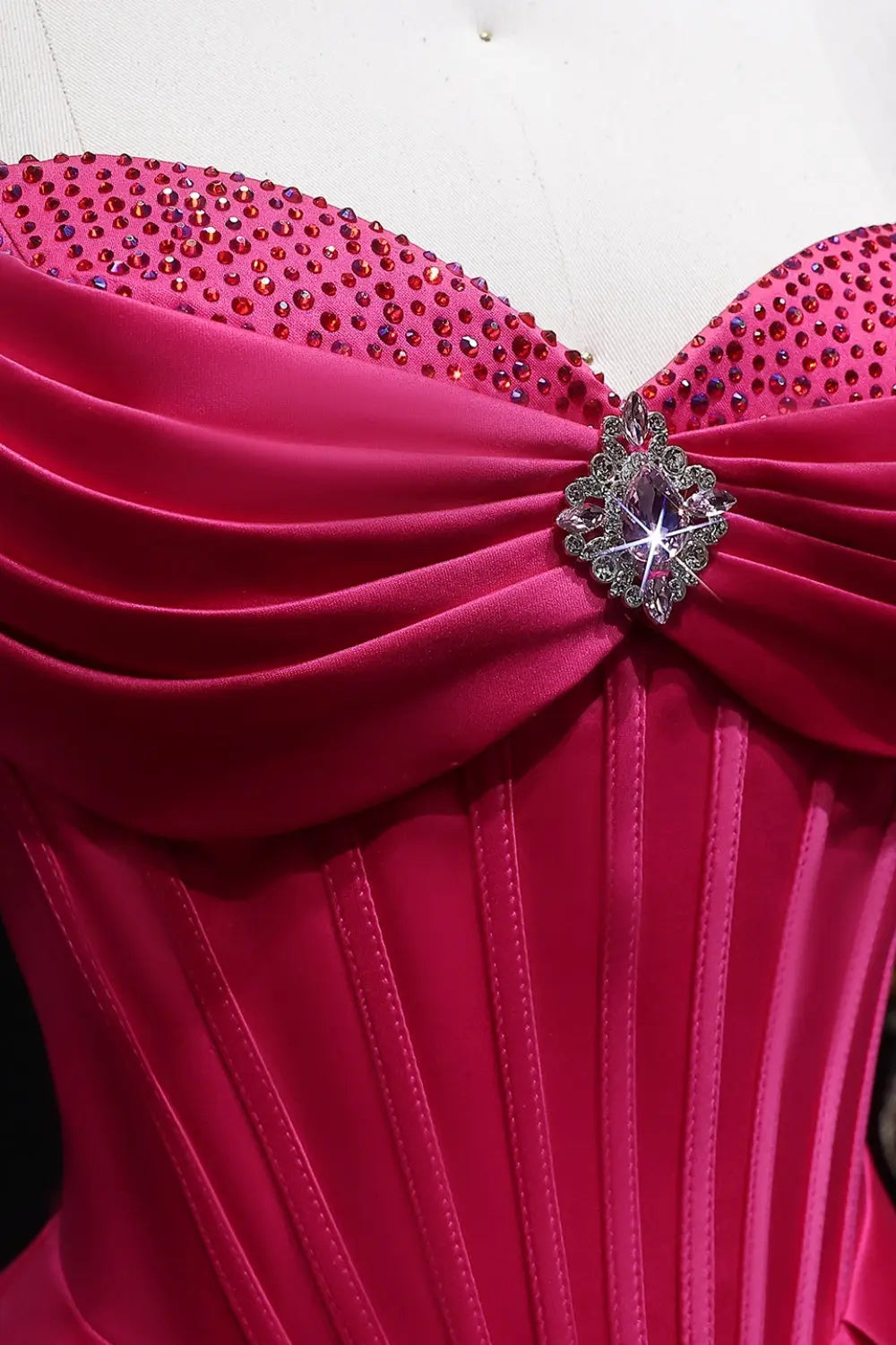 Hot Pink Strapless Sweetheart Satin Ball Gown Prom Dress SH408 Sheer Fairy