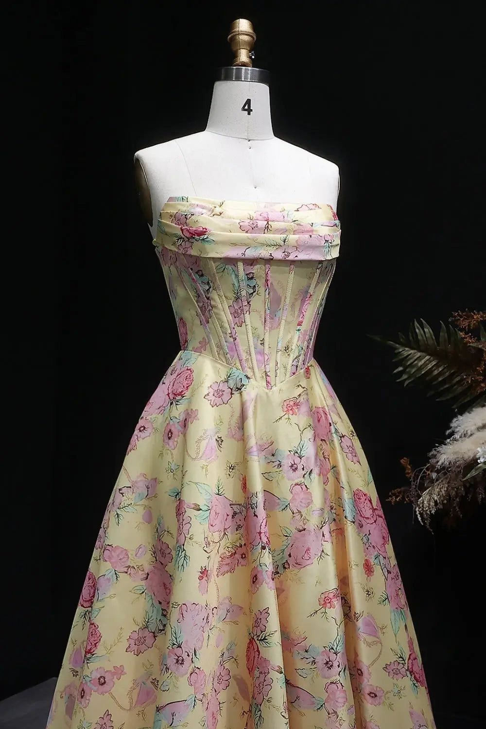 Strapless Yellow Floral Jacquard Ball Gown Prom Dress SH414 Sheer Fairy