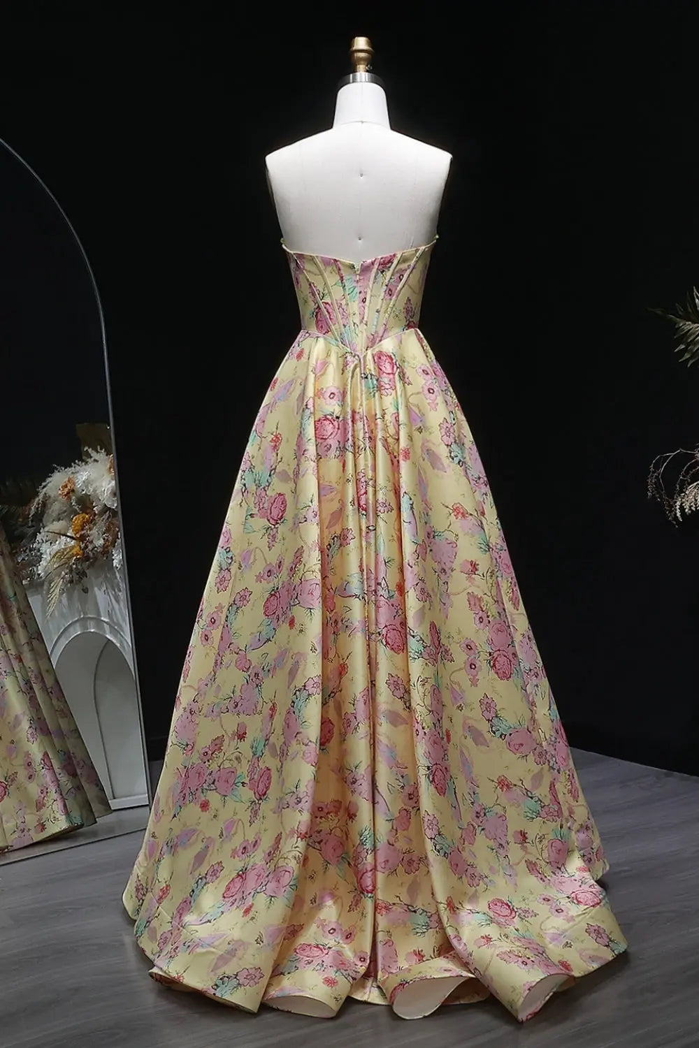 Strapless Yellow Floral Jacquard Ball Gown Prom Dress SH414 Sheer Fairy