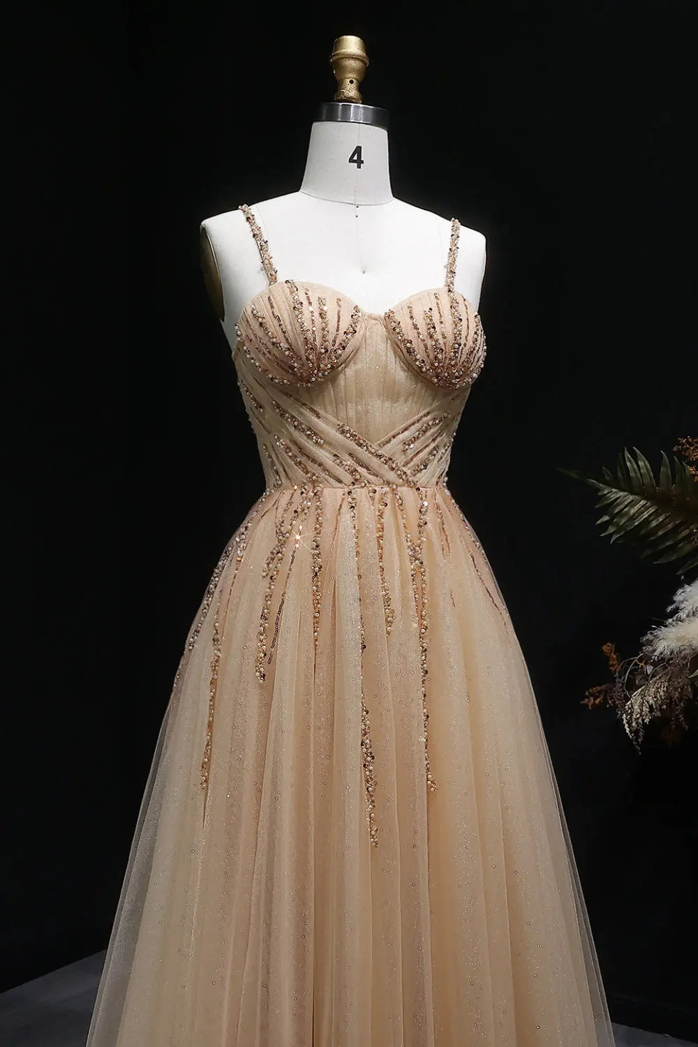 Champagne Spaghetti Strap Tulle A-Line Prom Dress SH410 Sheer Fairy