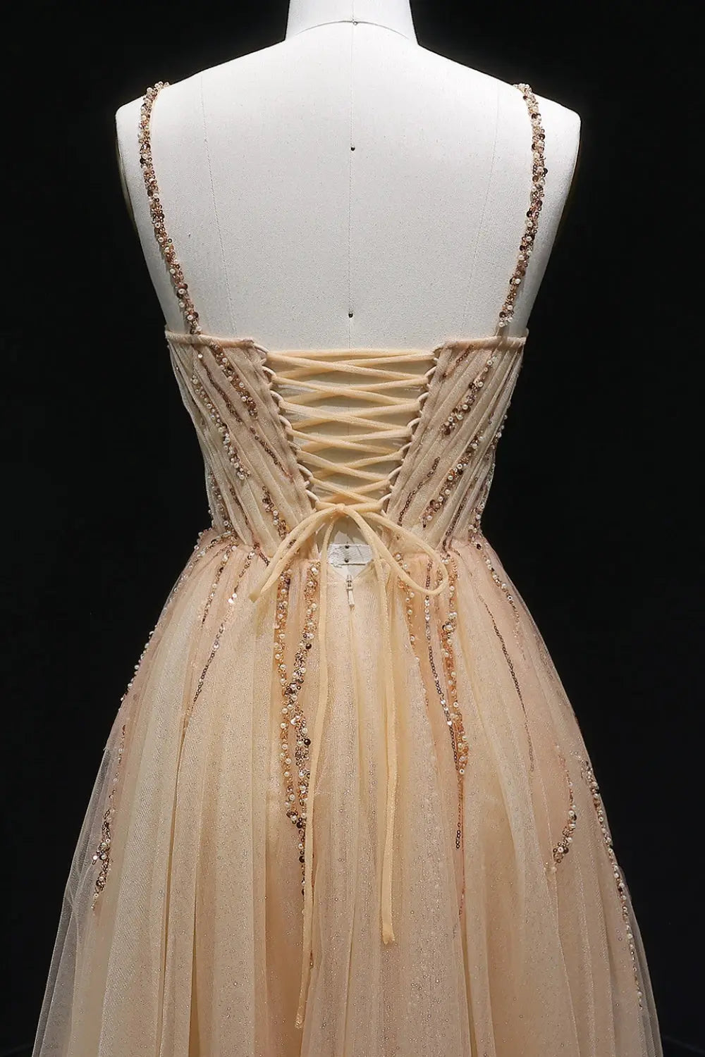 Champagne Spaghetti Strap Tulle A-Line Prom Dress SH410 Sheer Fairy