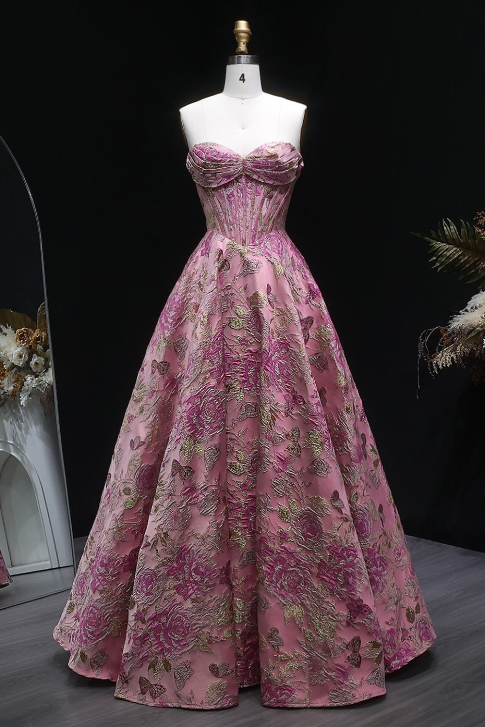 Pink Floral Strapless Sweetheart Gown Mermaid Prom Dress SH417 Sheer Fairy